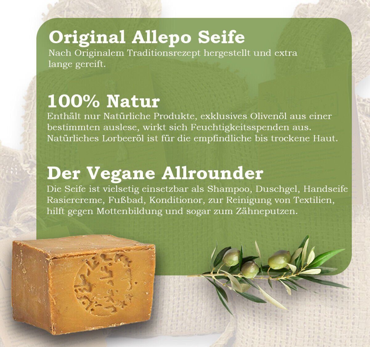 Sibastore Seifen-Set Aleppo-seife Naturseife Bio Duschseife Seife Beauty Körperpflege, 1-tlg., Anti-Aging, volumenverstärkend, lang anhaltend, feuchtigkeitsspendend