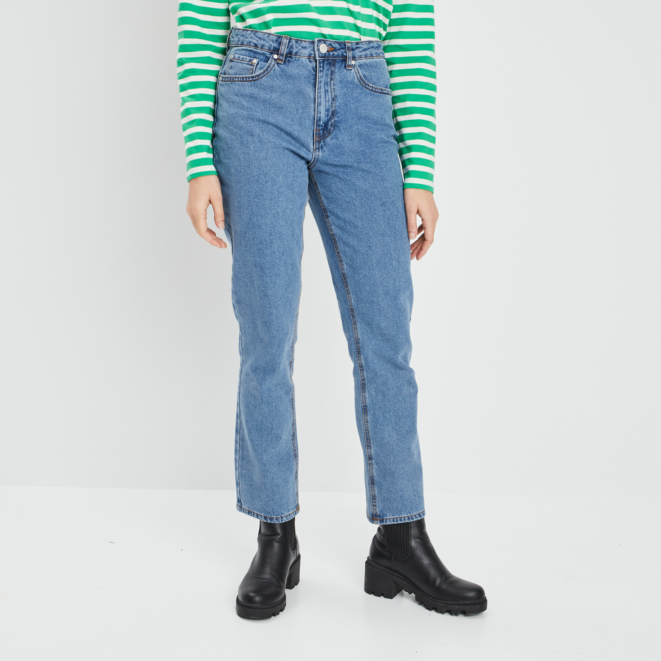 Jeans straight taille haute denim double stone femme | La Halle
