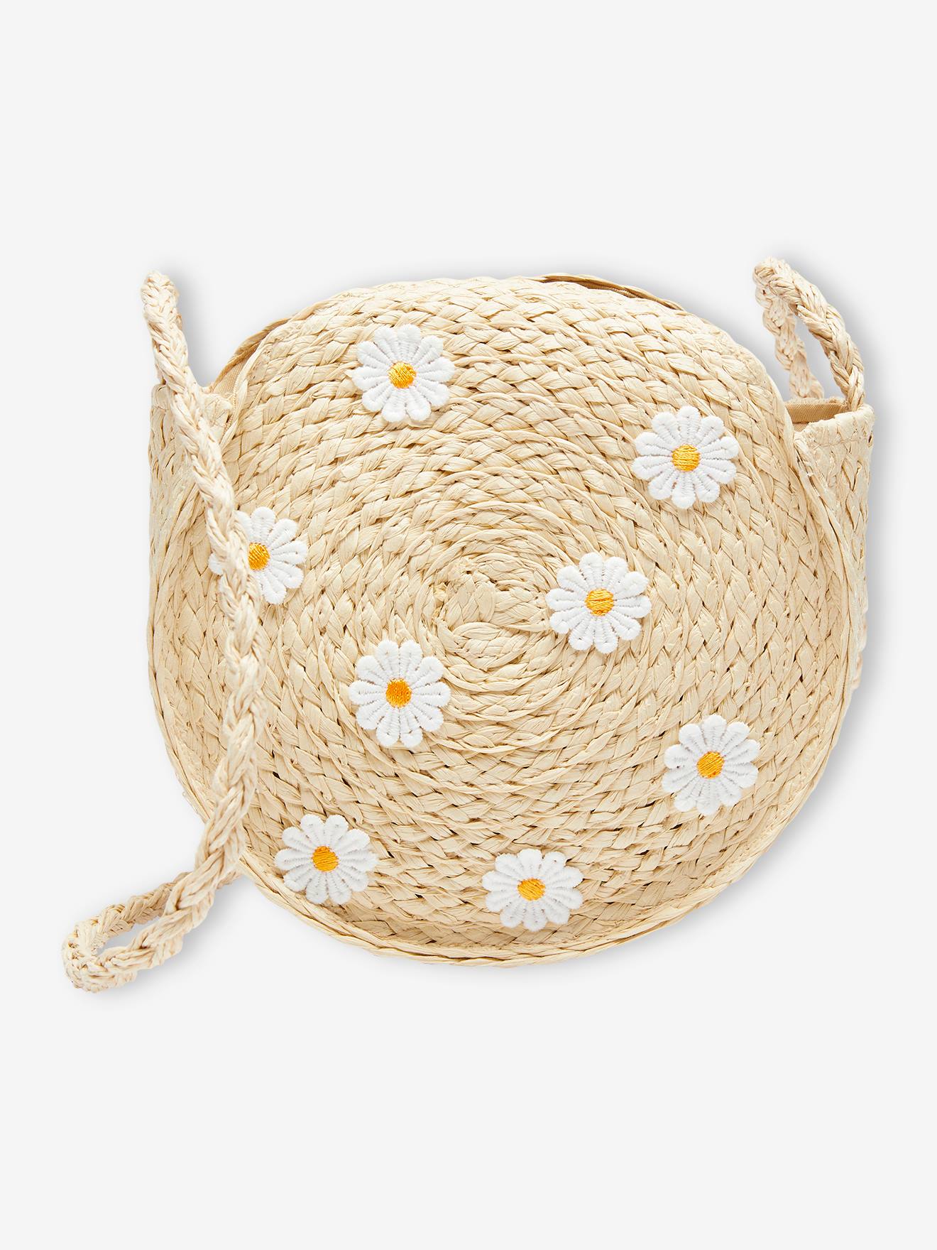 Sac rond fille marguerites façon paille sable