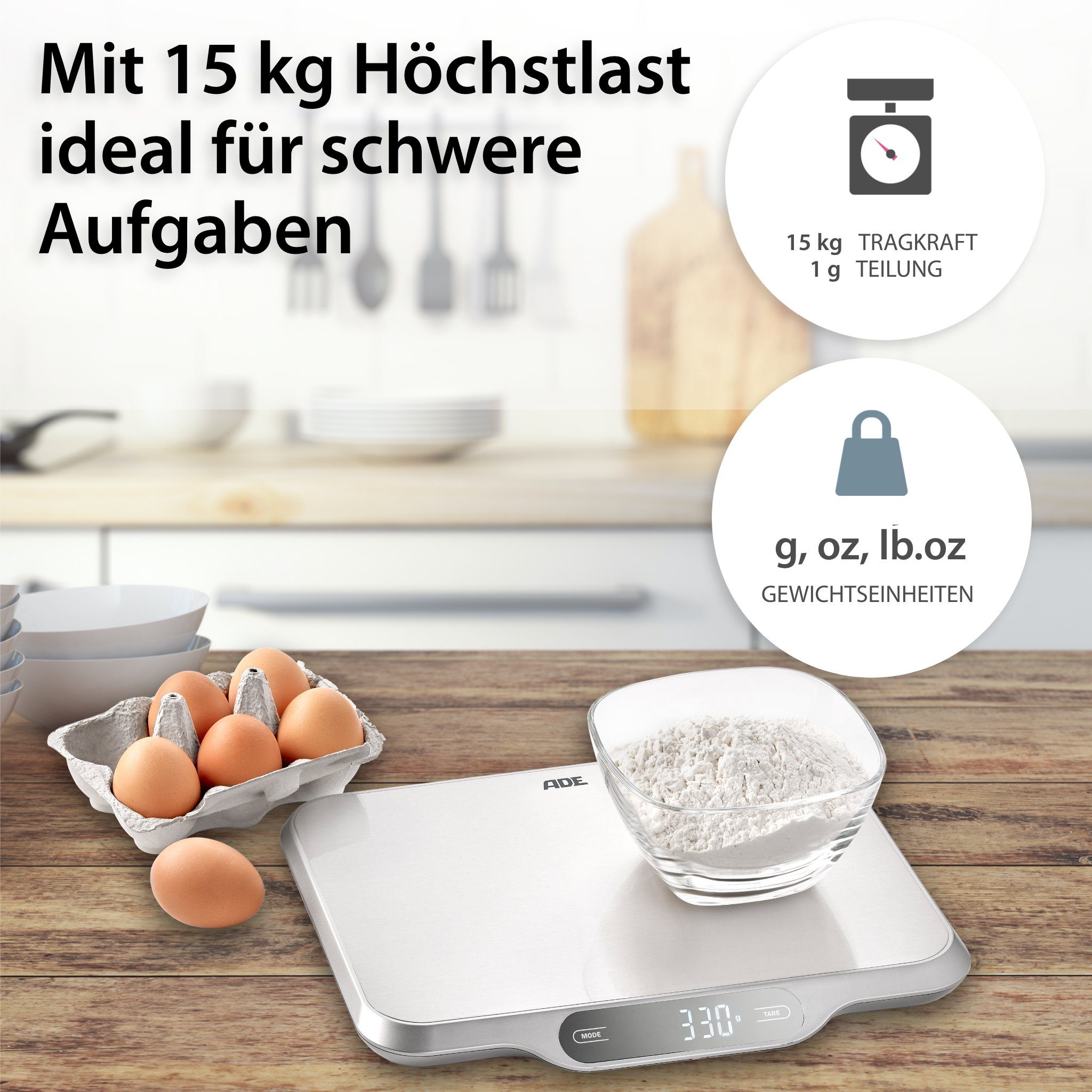 ADE Küchenwaage Waage mit großer XXL-Wiegefläche aus Edelstahl, für präzises Wiegen bis 15kg, mit Zuwiegefunktion (Tara) und Auto-Hold