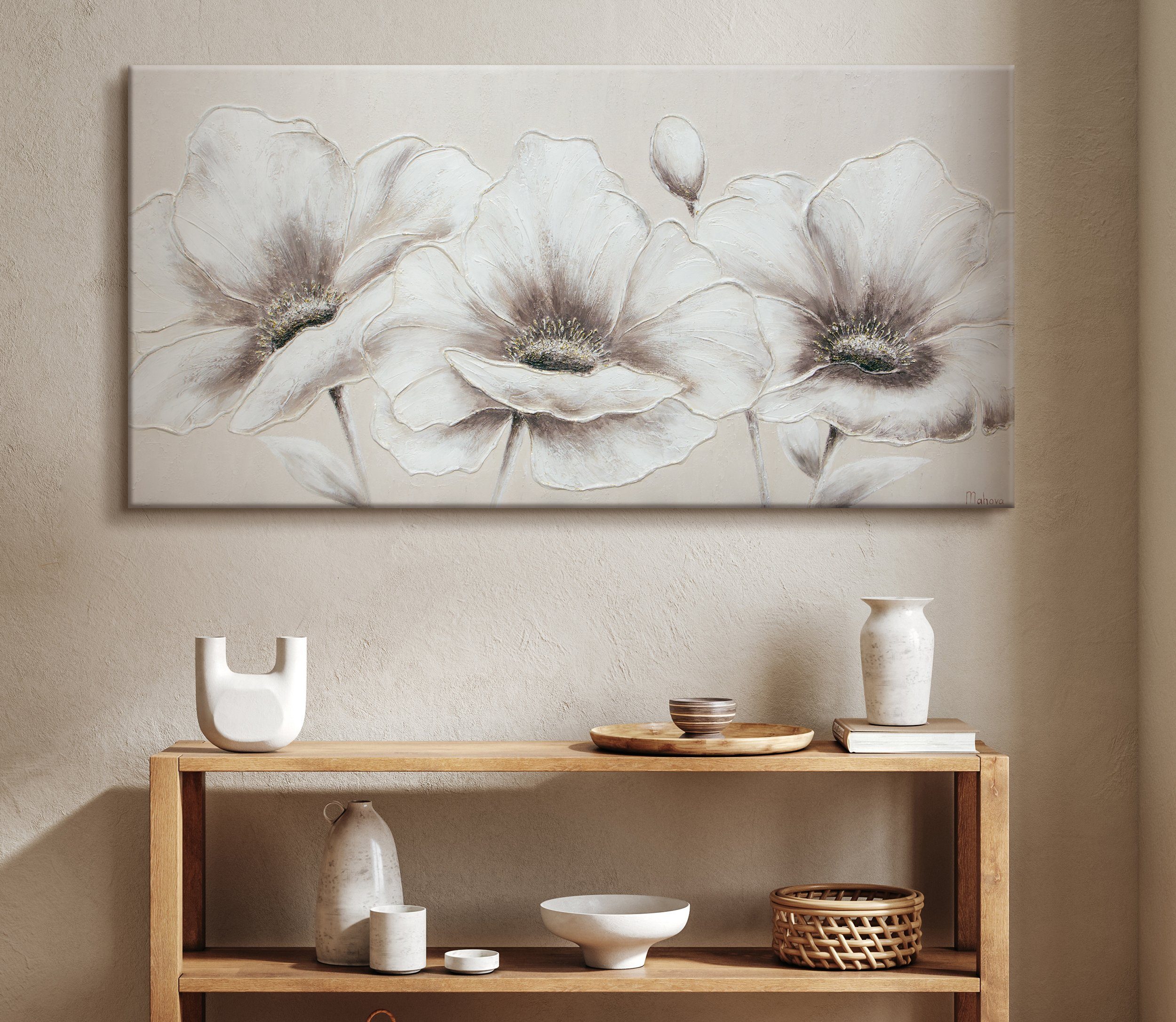 YS-Art Gemälde Blumen II, Blumen, Blumen auf Leinwand Bild Handgemalt Beige Weiß Schwarz