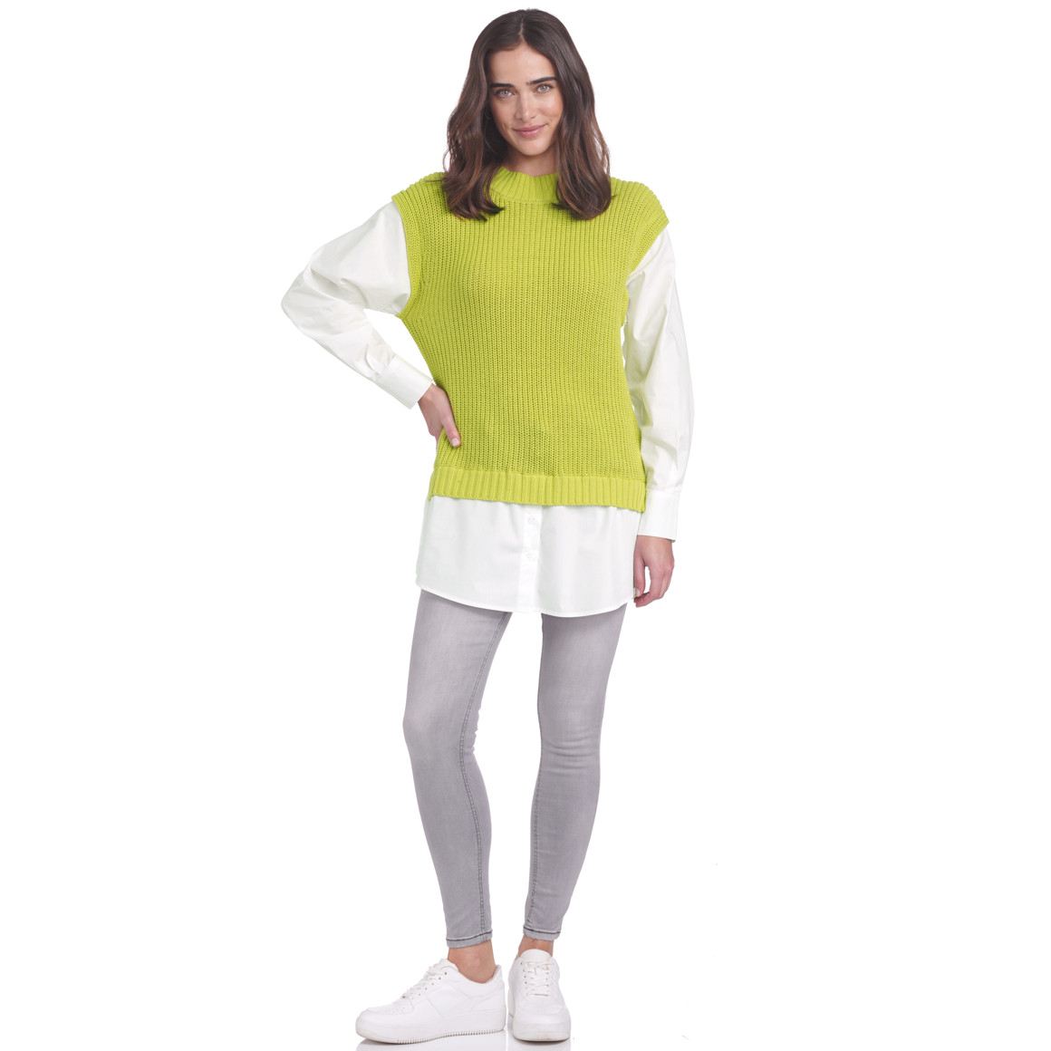 Damen Strickpullunder mit Bluseneinsatz