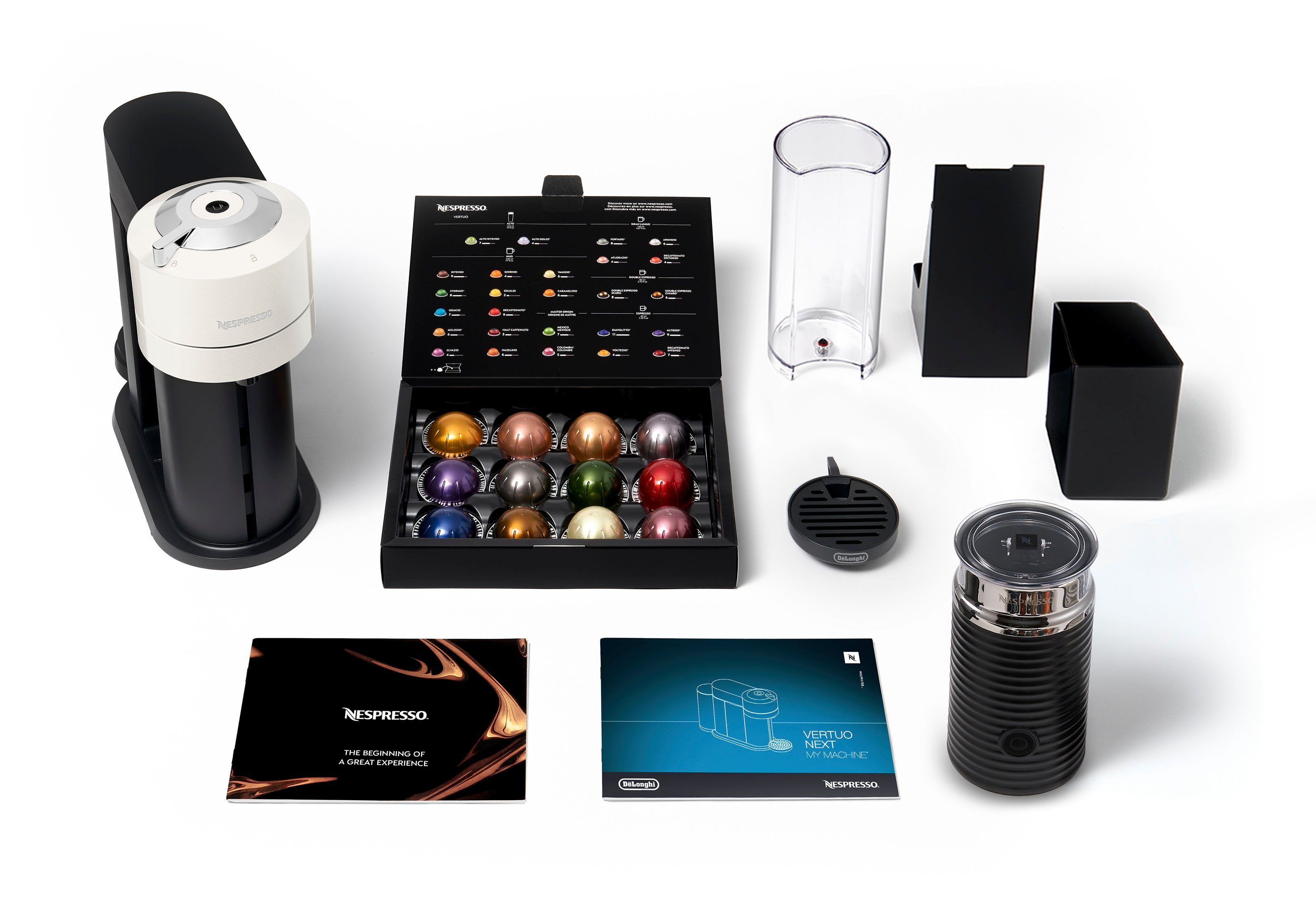 Nespresso Kapselmaschine Vertuo Next Bundle ENV 120.WAE, von DeLonghi, White, inkl. Aeroccino Milchaufschäumer im Wert von 75,- UVP