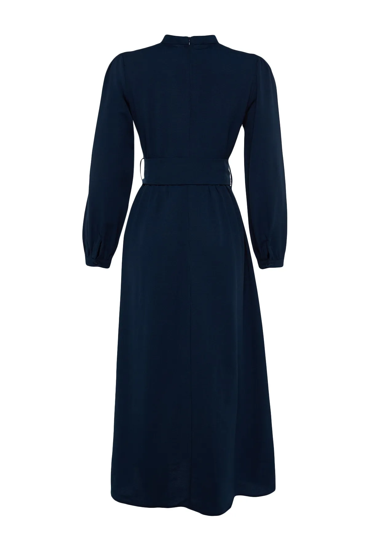 Trendyol Modest  Marineblaues gewebtes Kleid mit Stehkragen und Gürtel in Leinenoptik TCTSS23EB00018