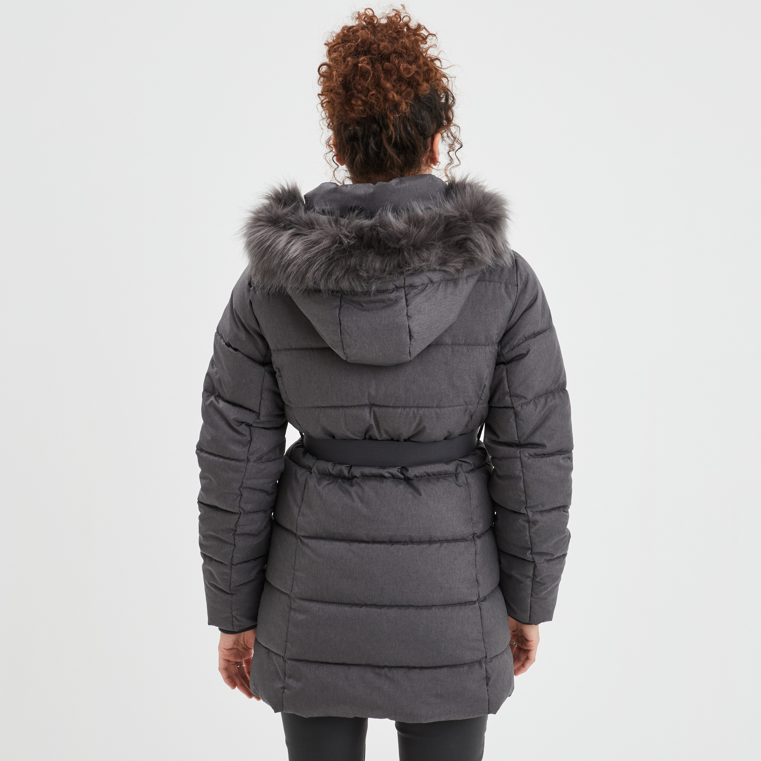 Doudoune ceinturée mi-longue à capuche gris clair femme | La Halle