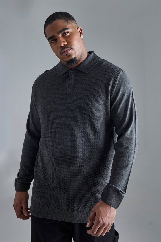 Plus strukturiertes Poloshirt in Charcoal