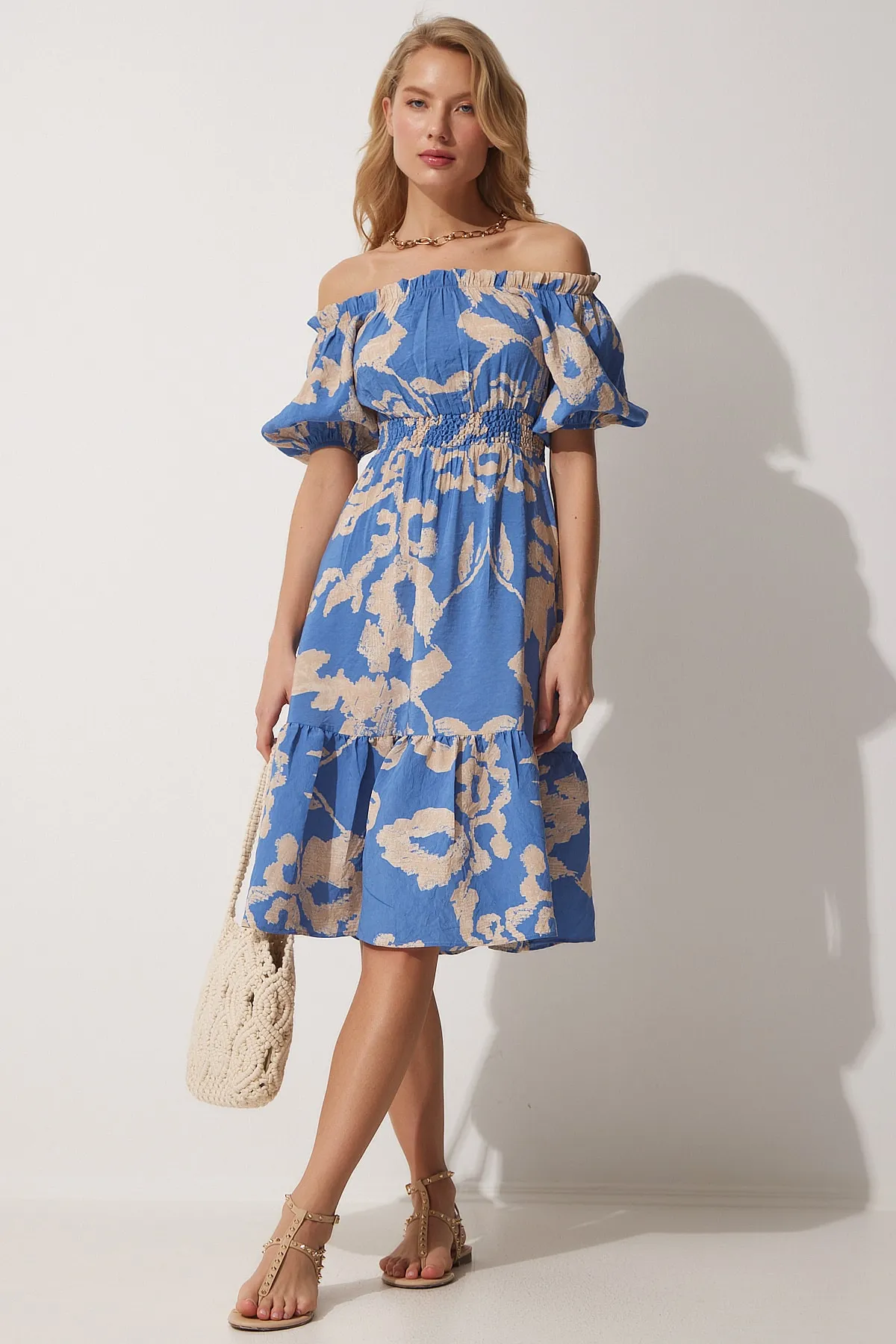 Happiness İstanbul  Blaues Sommerkleid aus Leinen und Viskose mit Carmenkragen für Damen MX00084