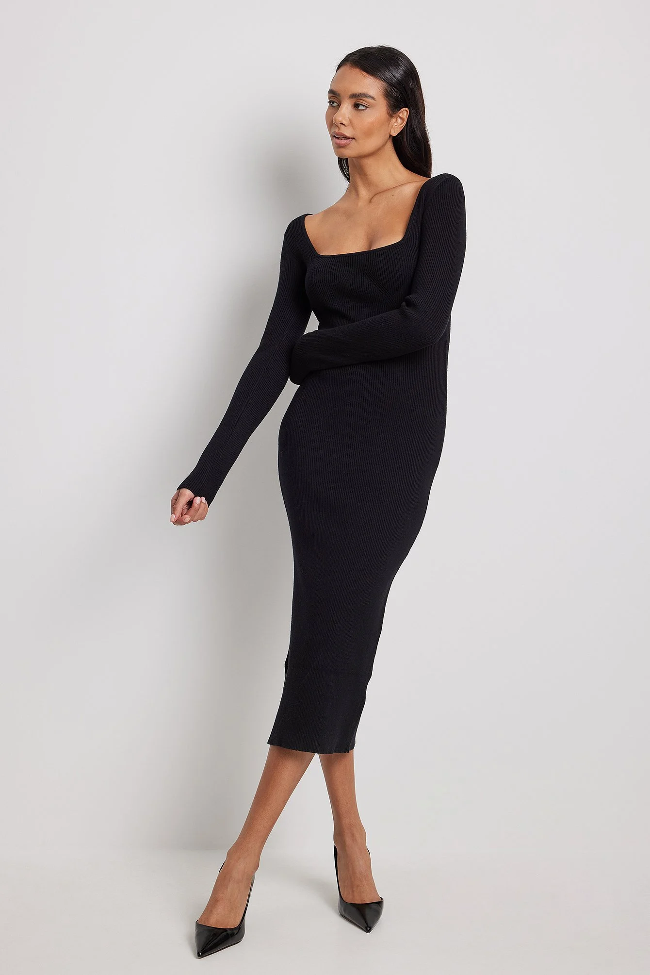 Midikleid Kleid mit Schlitz und U-Ausschnitt