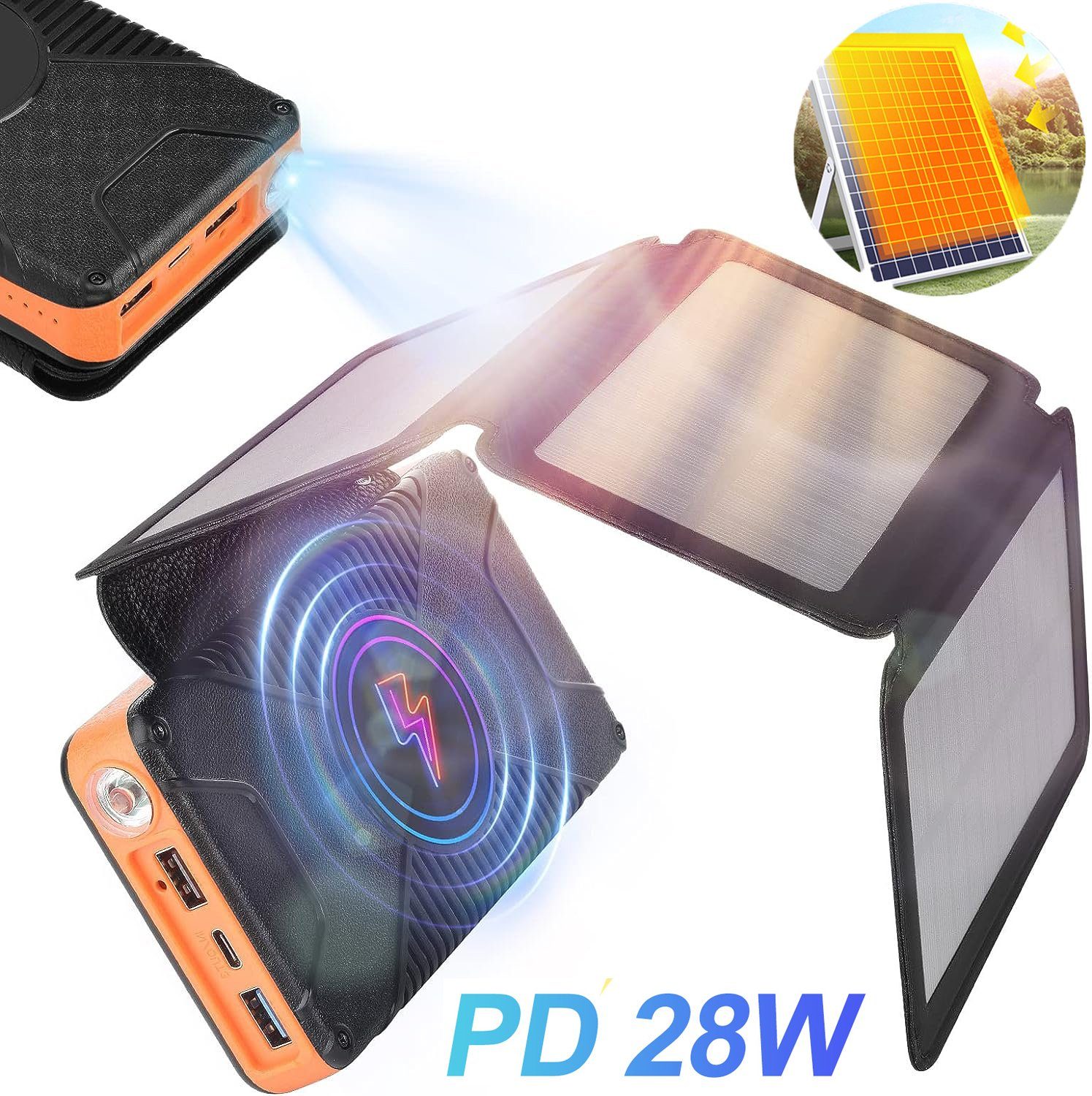 7Magic Mobile PowerBank Externe Handyakkus Akkus Batterie Powerbank Solar Powerbank 26800 mAh, USB Type C Power bank 28 W, Notfall-Taschenlampe, Tragbares Ladegerät