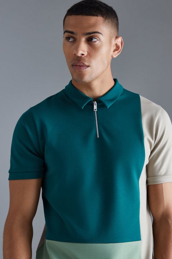 Kurzärmliges Slim-Fit Colorblock Poloshirt mit 1/4 Reißverschluss
