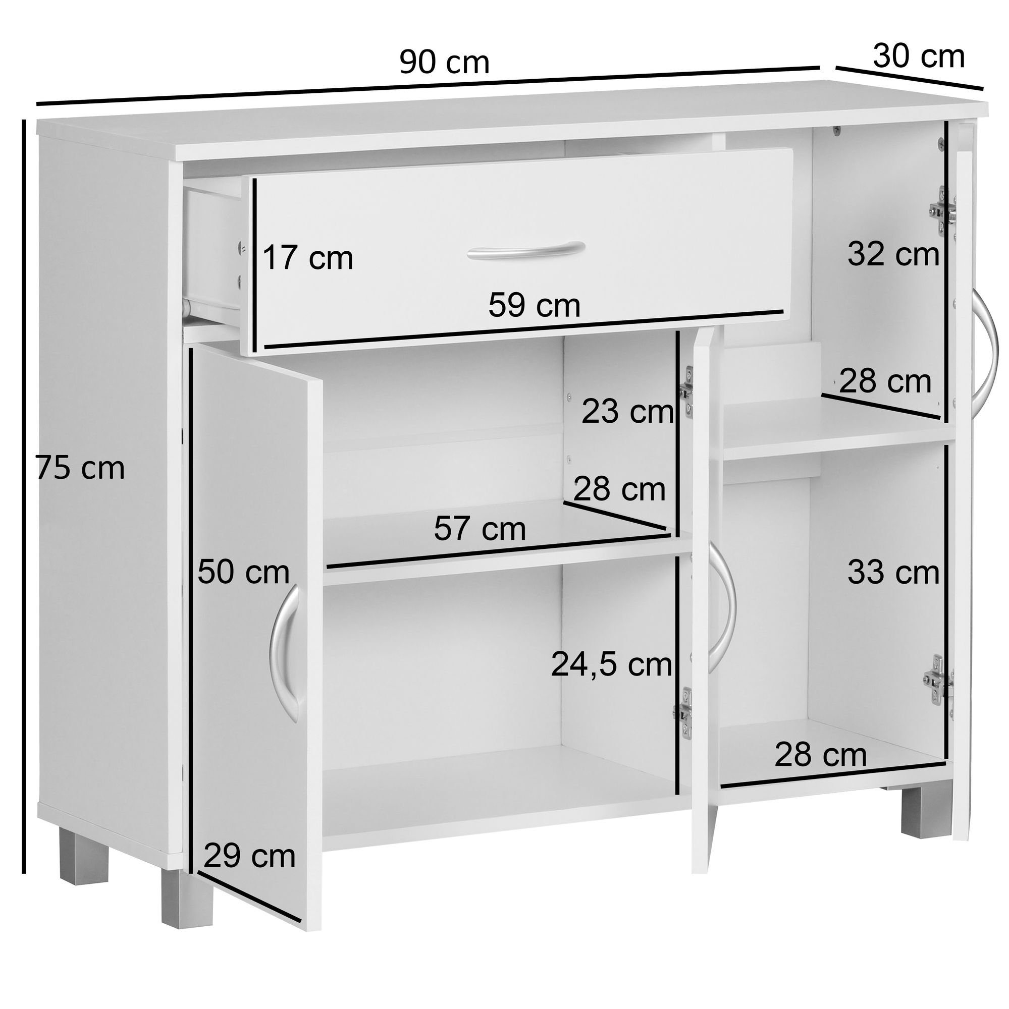 FINEBUY Sideboard SuVa1591_1 (SETE Weiß mit 1 Schublade & 3 Türen 90x75x30 cm), Design Kommode Anrichte Flur-Schrank mit Griffen