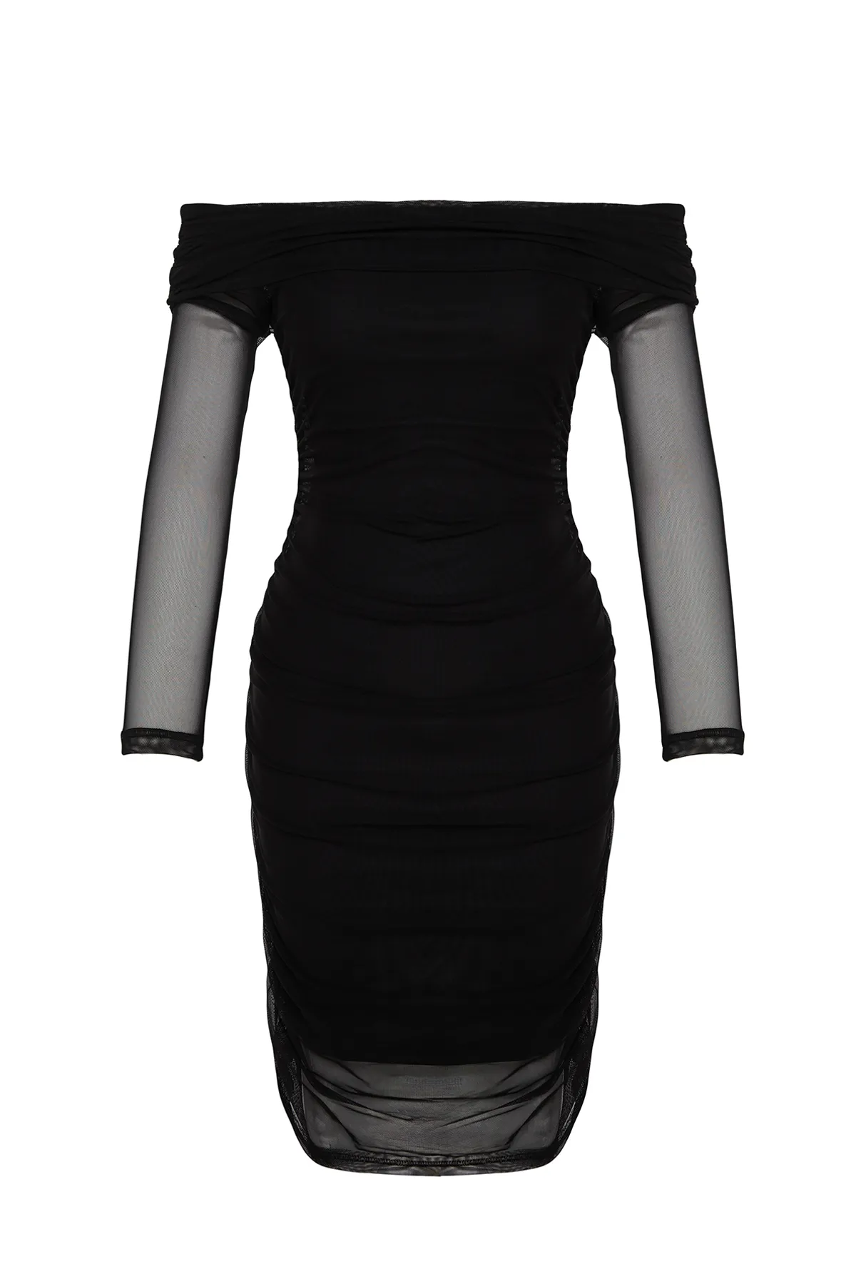 Trendyol Collection  Schwarzes, tailliertes Midi-Bleistiftkleid aus Strick mit Carmen-Kragen und Tüll-Shir/Drapierung TWOAW24EL00146