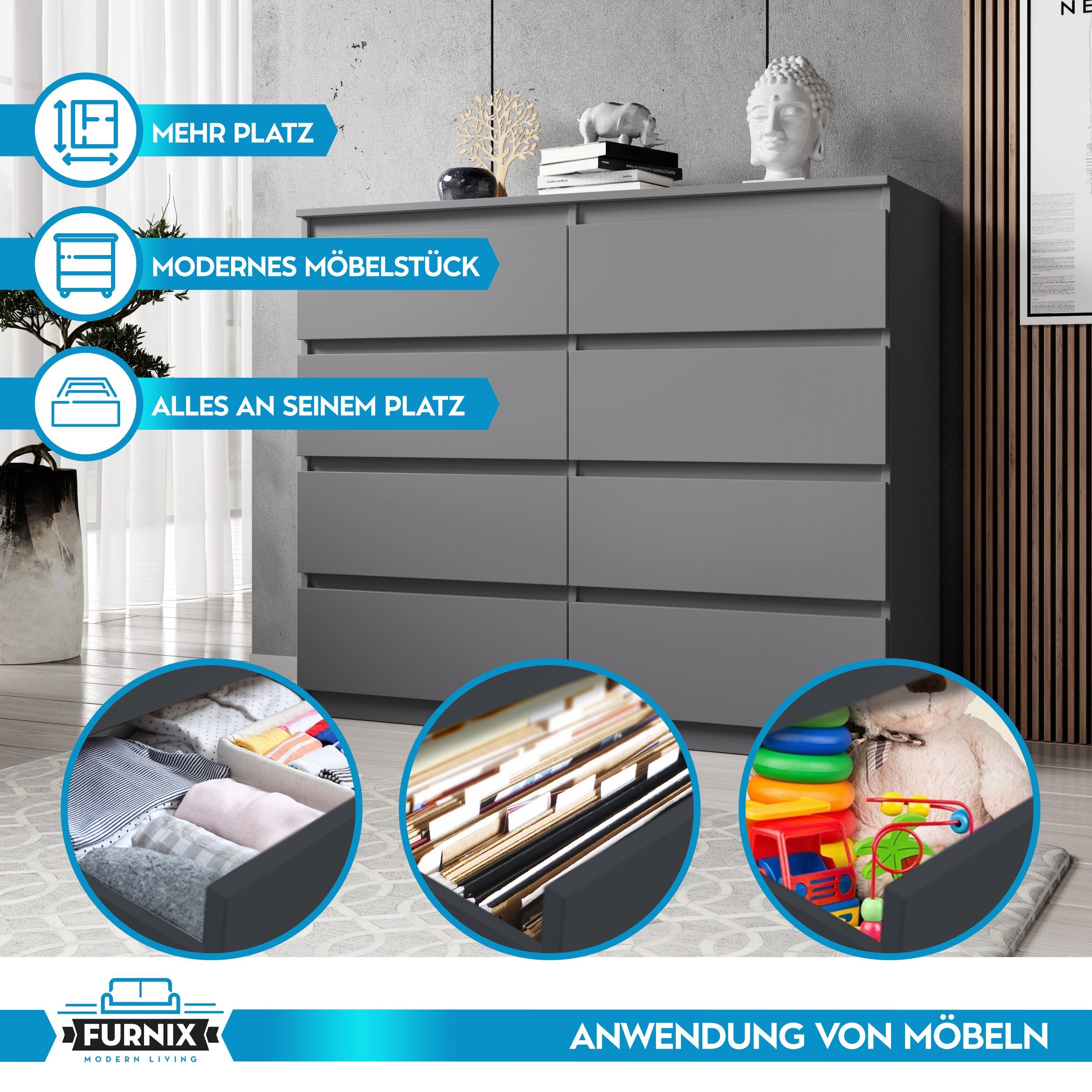 Furnix Hochkommode ARENAL multifunktional viel Stauraum, mit 8 Schubladen, B119,8 x H98,5 x T35 cm