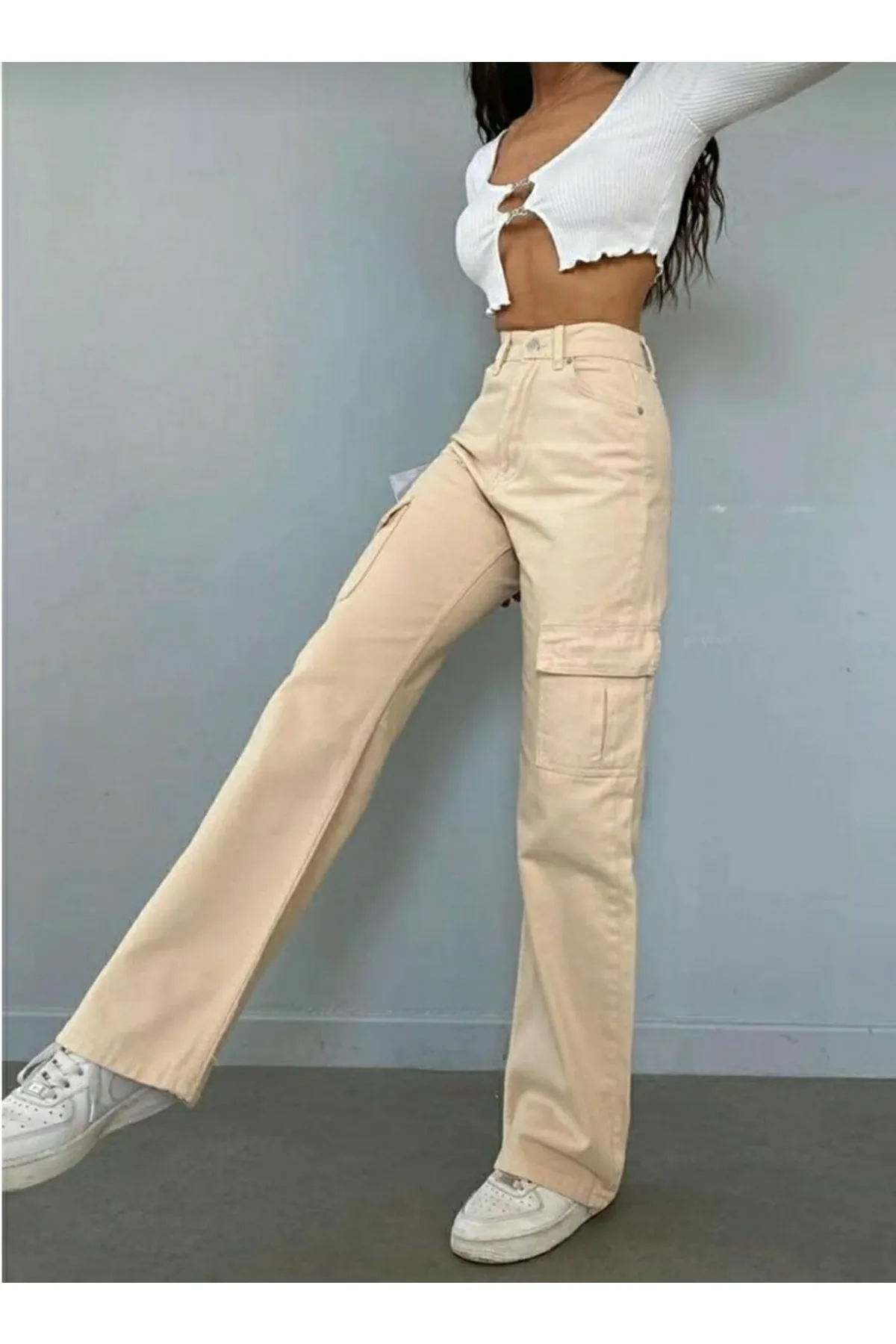 Trn JNS  Hayley Damen-Palazzo-Jeans in Beige mit extra hoher Taille, Tasche und ohne Gesäßtasche