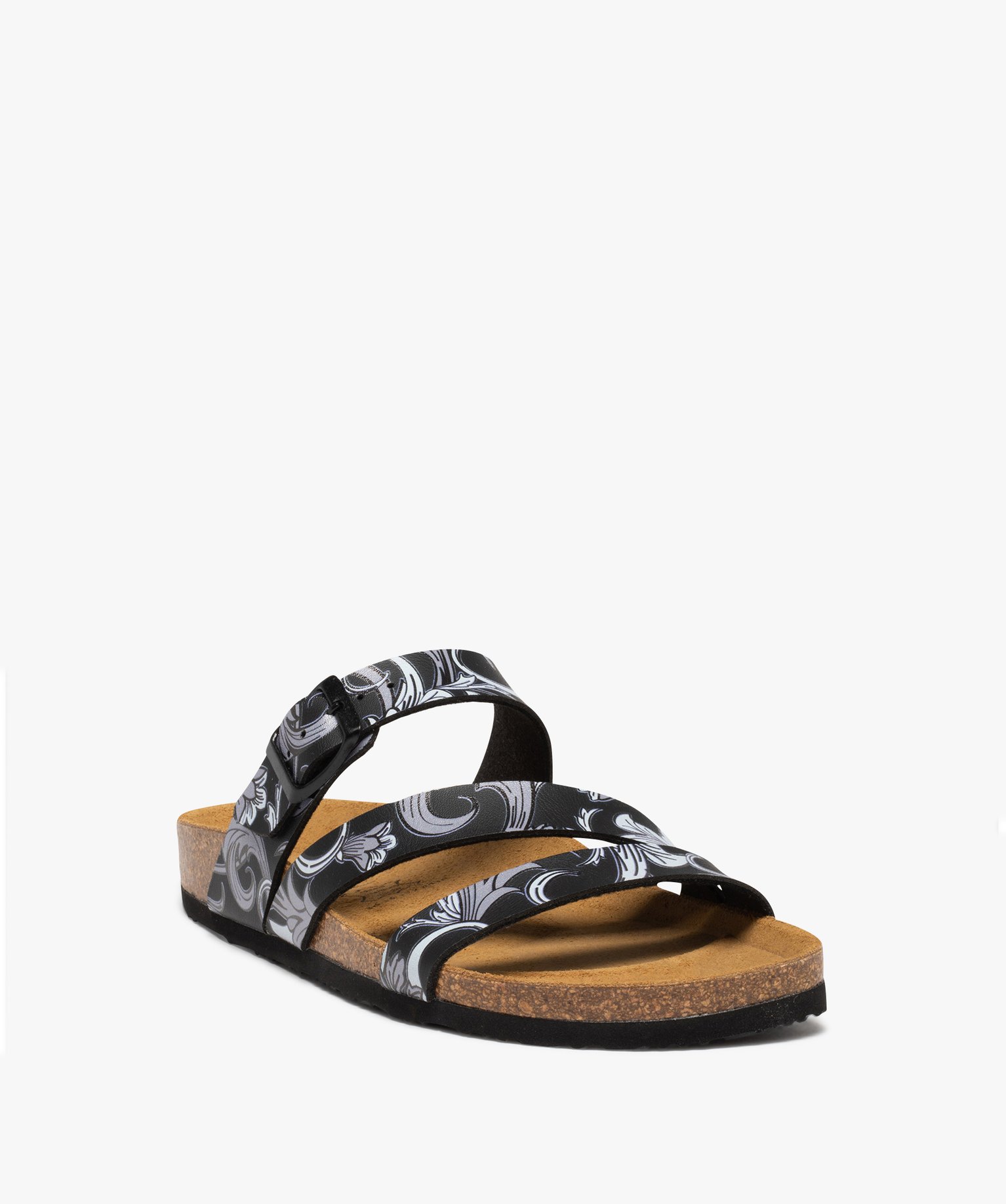 Mules femme à bride ajustable imprimée et semelle liège noir | GEMO
