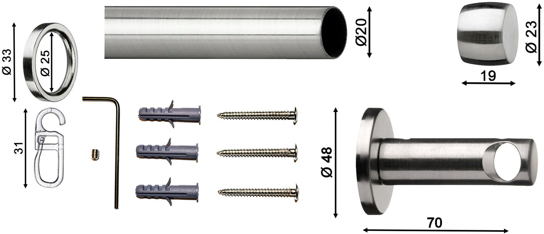 Gardinenstange Consul 20, indeko, Ø 20 mm, 1-läufig, Wunschmaßlänge, mit Bohren, verschraubt, Metall, Stahl, Komplett-Set inkl. Ringen und Montagematerial