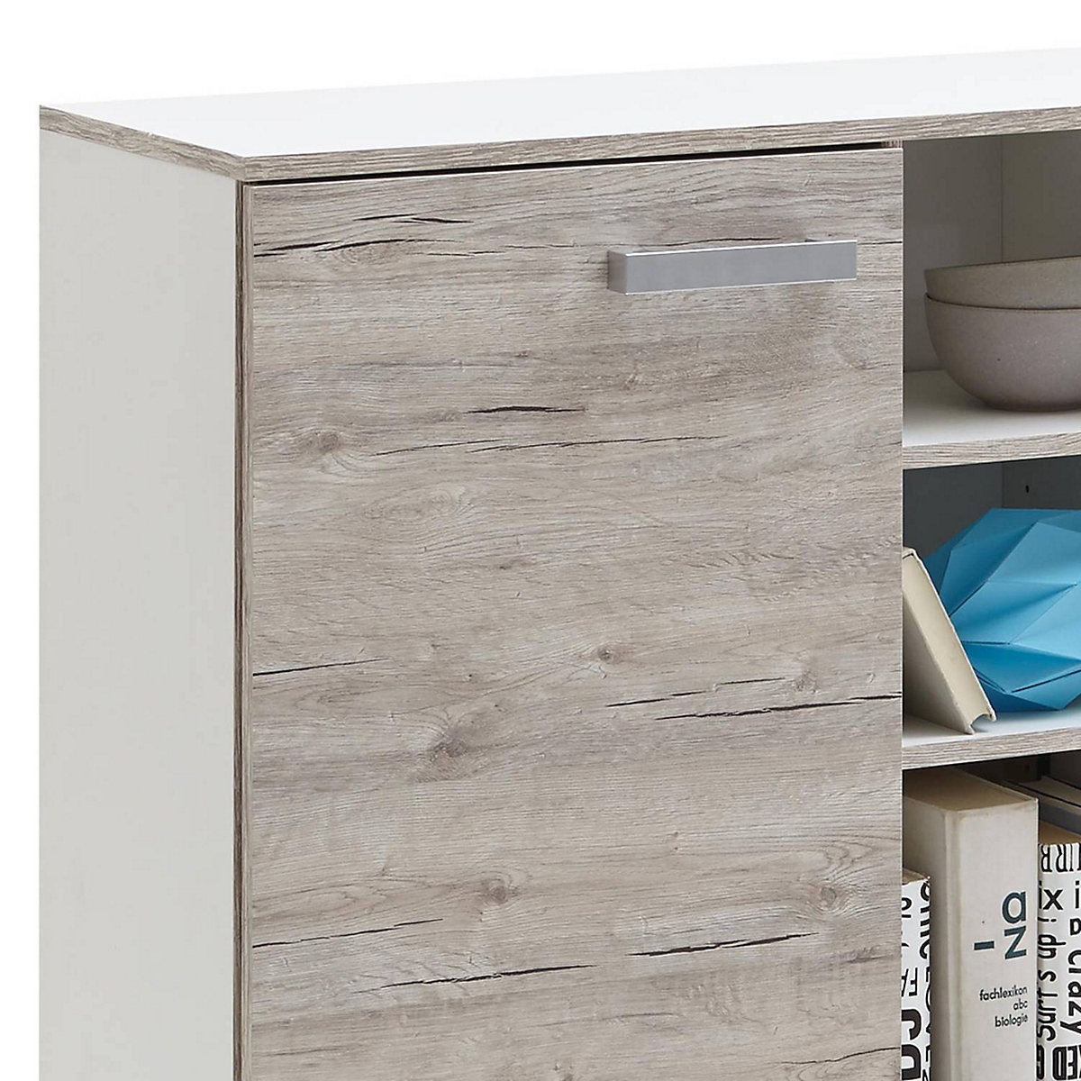 Jugendzimmer Set mit 90x200 cm Bett, 4-teilig mit Kleiderschrank LEEDS-10 in Sandeiche Nb. mit weiß, Lava und Denim Blau
