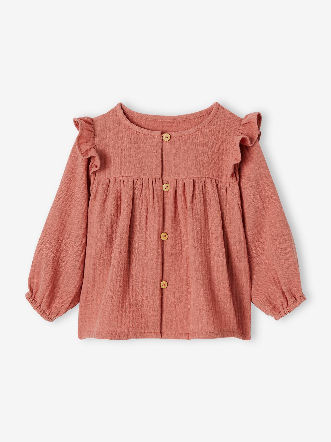 Blouse à volants bébé en gaze de coton vieux rose