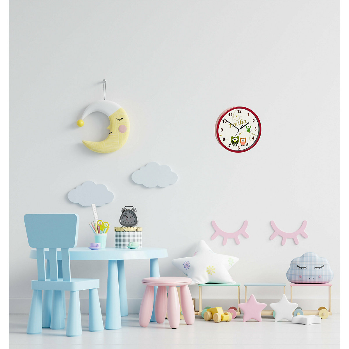 Kinder Wanduhr personalisiert mit Name Eule beige grün orange