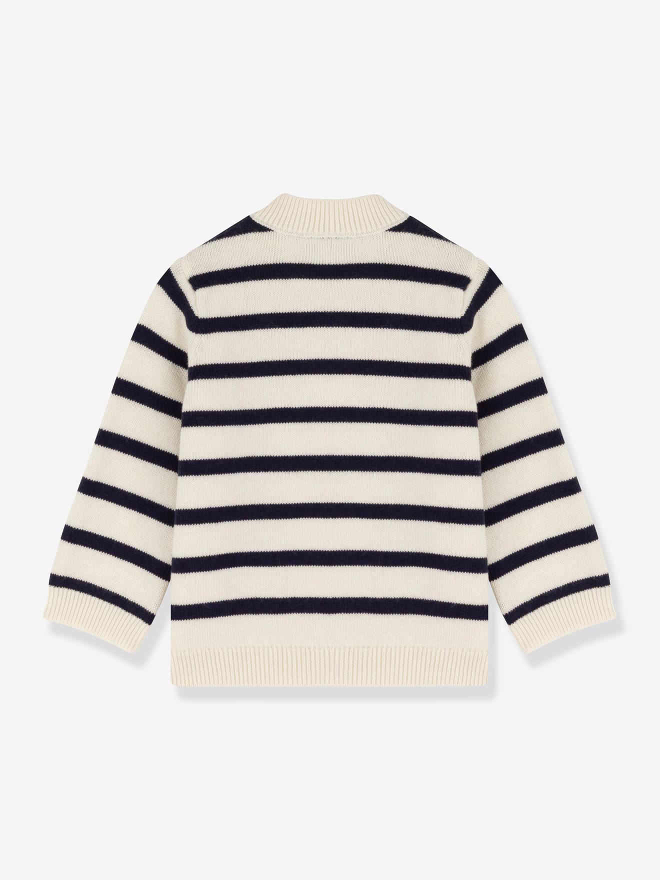 Pull bébé en laine et coton rayé PETIT BATEAU blanc