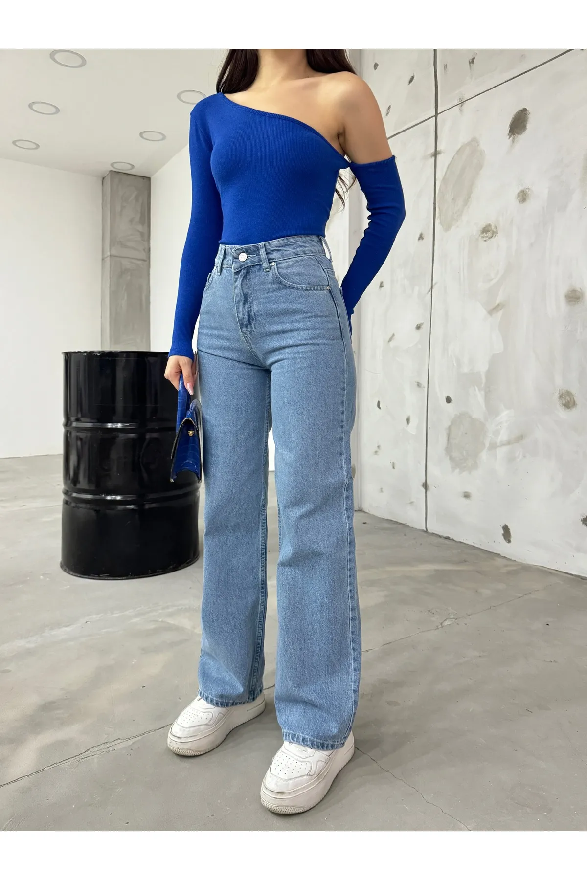 BİKELİFE  Blaue Jeans mit hoher Taille und weitem Bein aus Lycra-Stretch für Damen