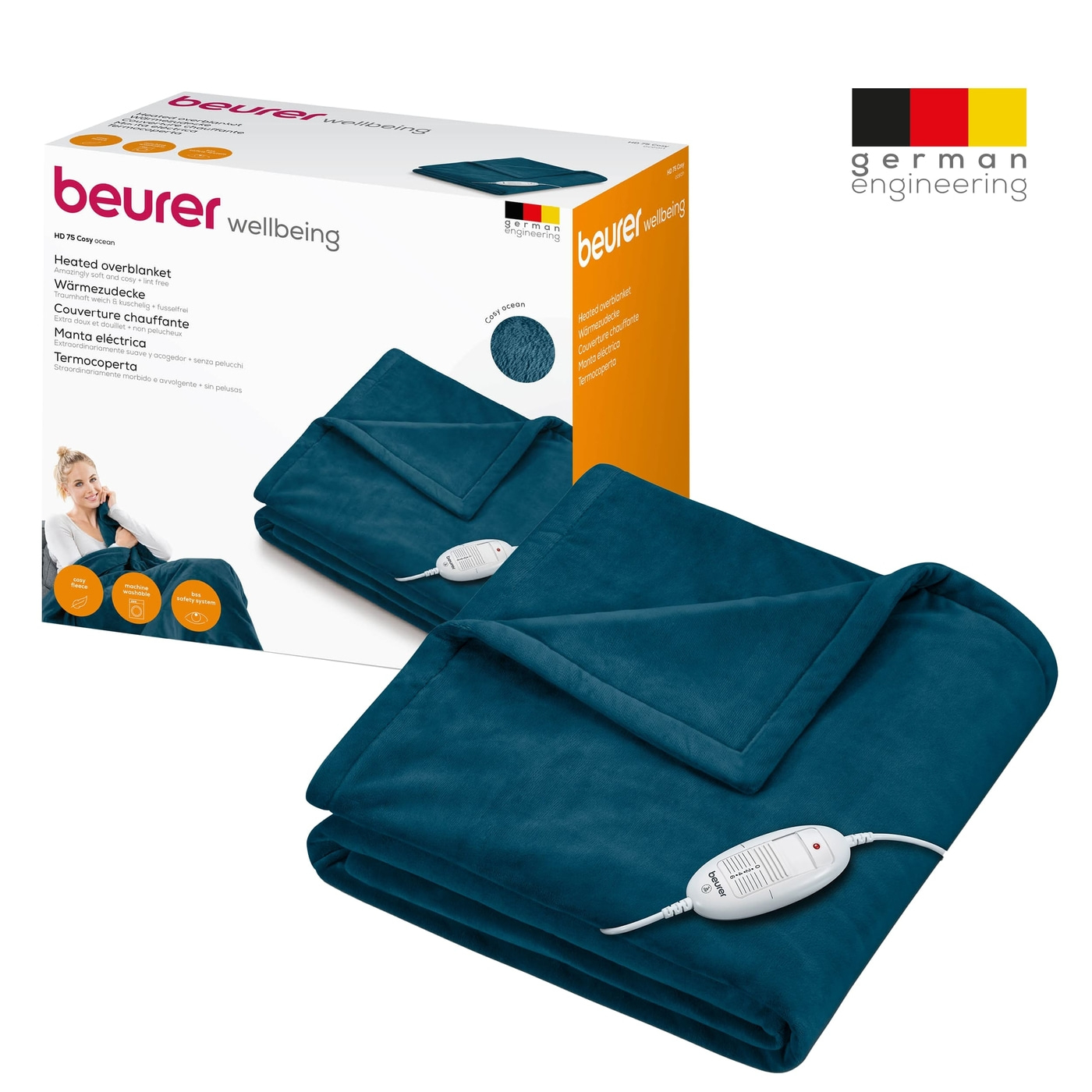 Beurer Wärmezudecke HD 75 Cosy Ocean-Atmungsaktive Heizdecke in trendigem Blau mit anschmiegsamer Flauschfaser