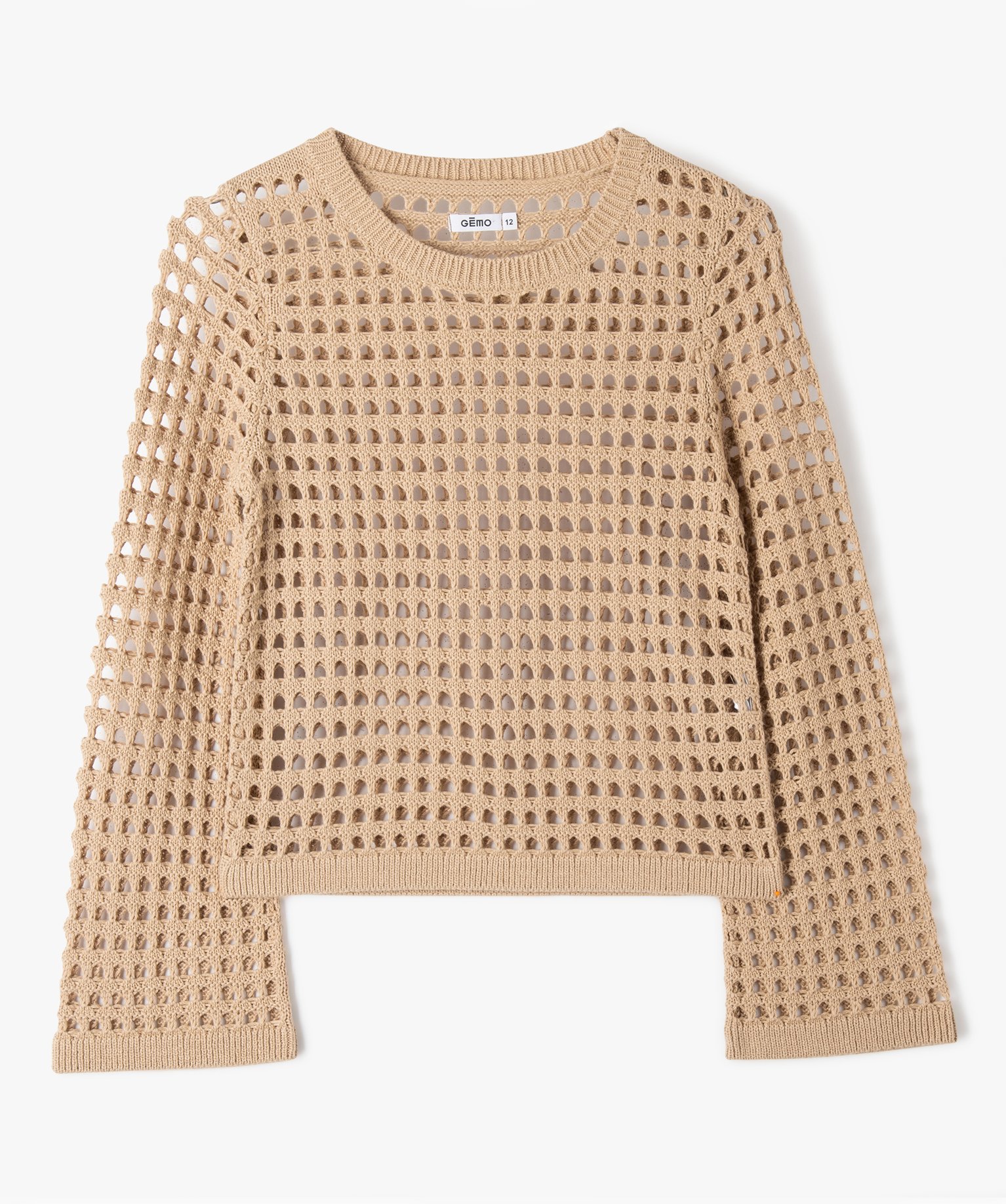Pull fille court en maille ajourée beige | GEMO