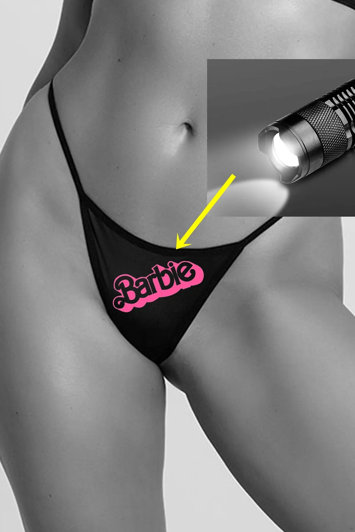 bayansepeti  Damen String mit leuchtendem Pigmentdruck, im Dunkeln leuchtend, rosa Barbie-Text, bedruckt, schwarz, 20450