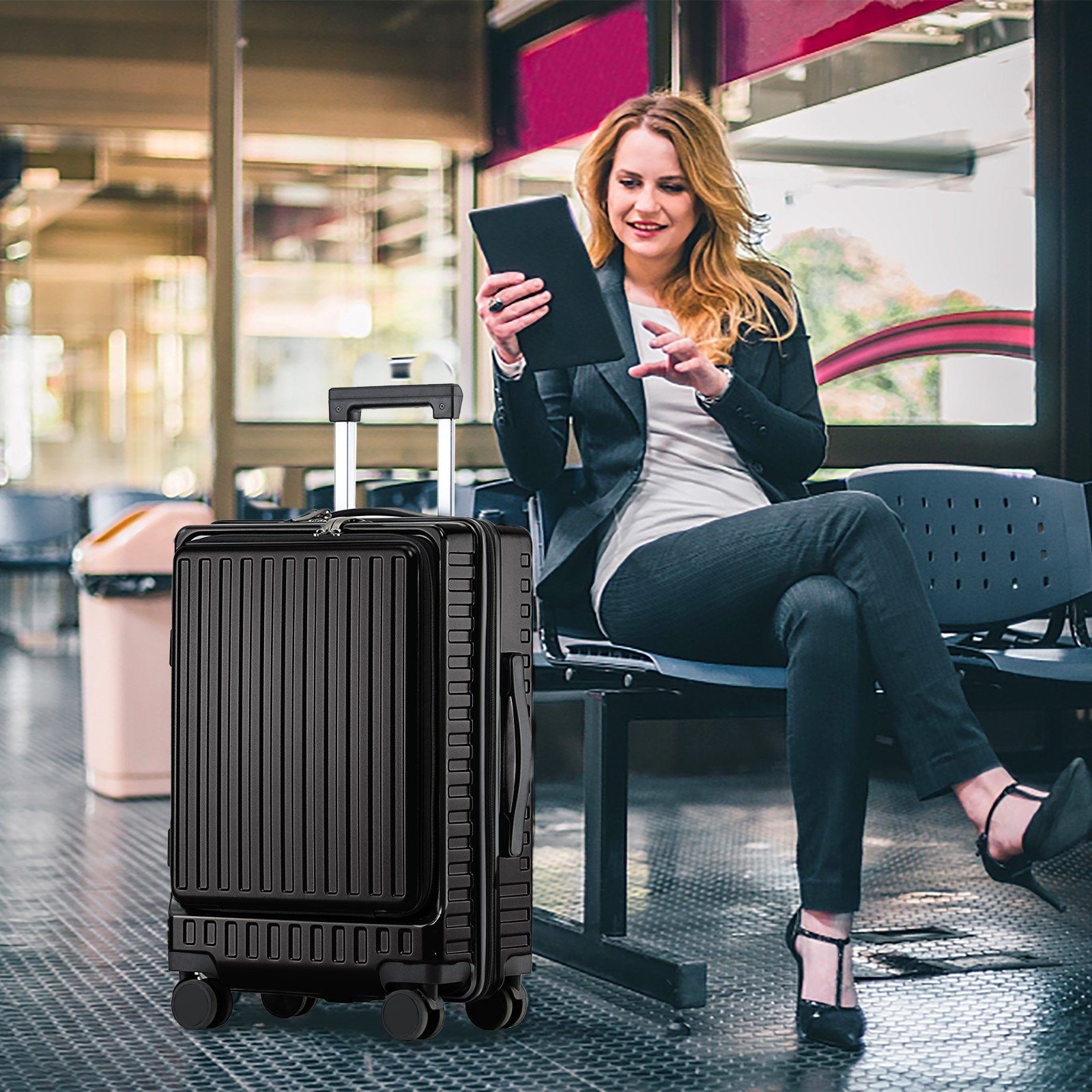 CALIYO Hartschalen-Trolley Business Trolly, Roll-Reisekoffer, Trolley Rollkoffer Erweiterbar, 4 Rollen, Trolley Rollkoffer Reisekoffer Erweiterbar mit Laptopfach