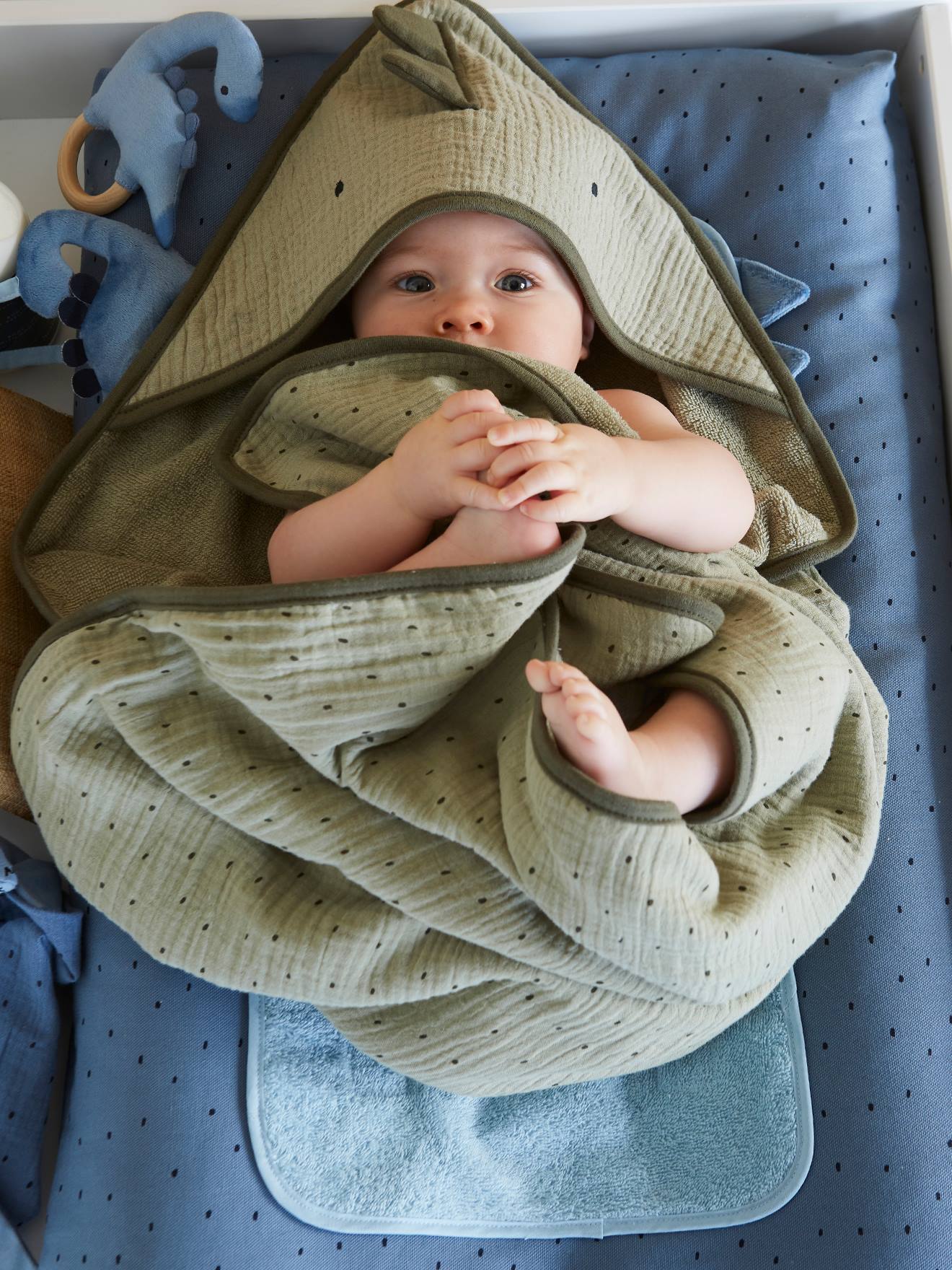 Vertbaudet Baby Kapuzenbadetuch & Waschhandschuh KLEINER DINO Oeko Tex - blau