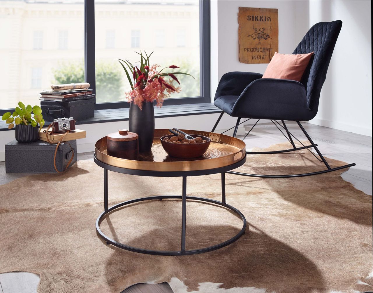 Skyport WOHNLING Couchtisch Metall Hammerschlag Sofatisch Ø 62 cm Wohnzimmertisch Gold
