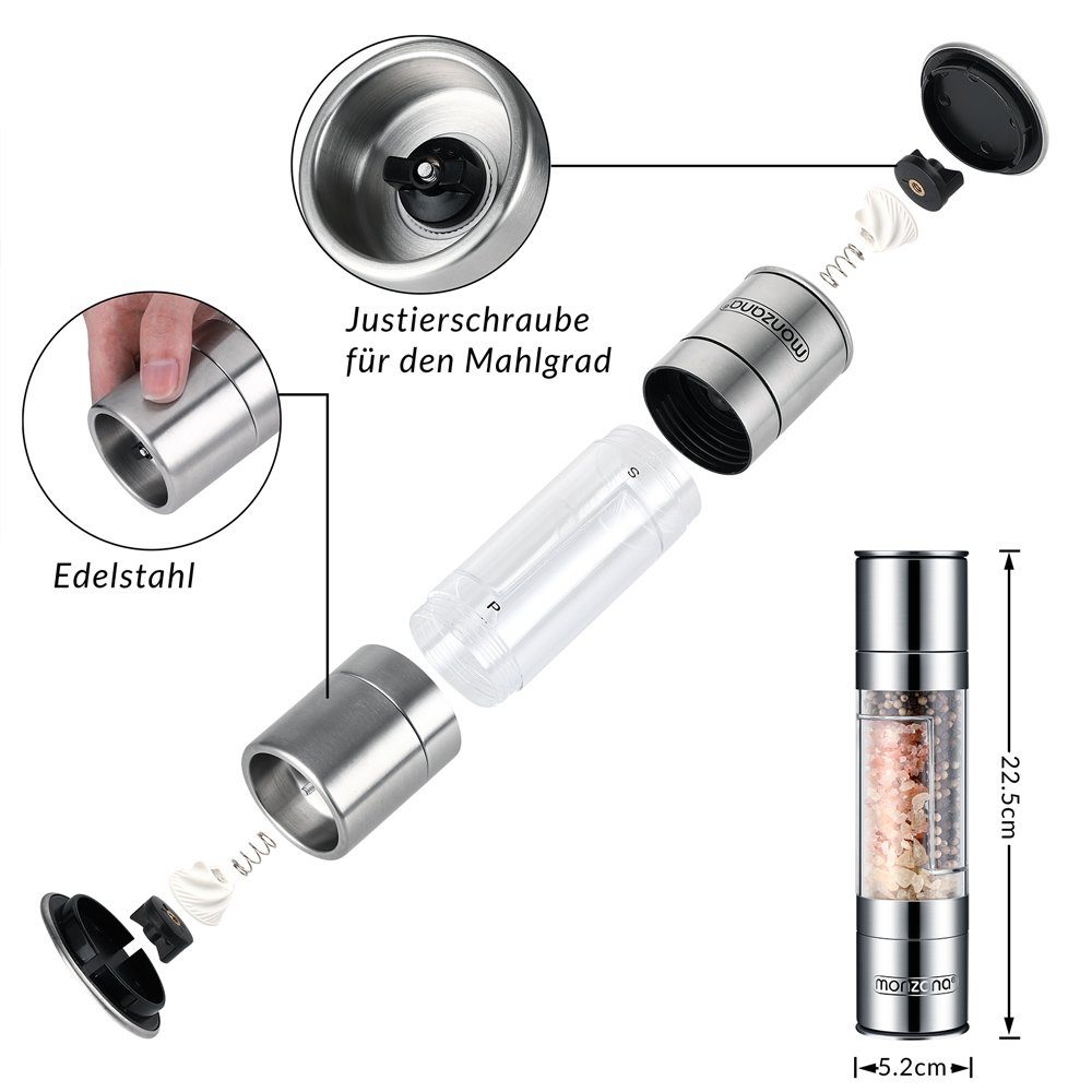 monzana Gewürzmühle, Salz und Pfeffermühle 2er Set Verstellbarem Keramikmahlwerk 2in1 Manuell Edelstahl Küche Gewürzmühle Chili Mühle