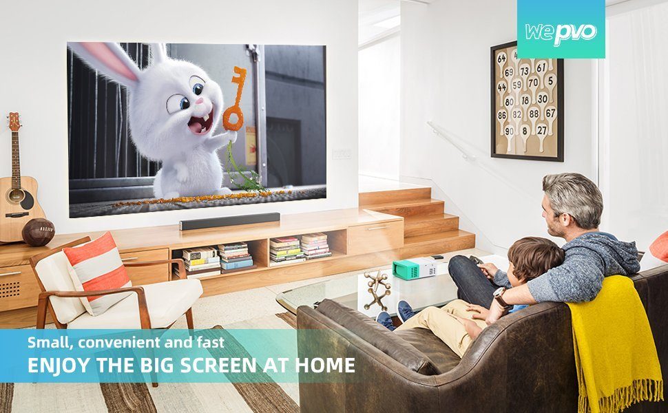 wepvo Portabler Projektor (800 x 480 px, Mini Beamer Geschenke, Heimkino, HDMI/USB, Draußen Fernbedienung)