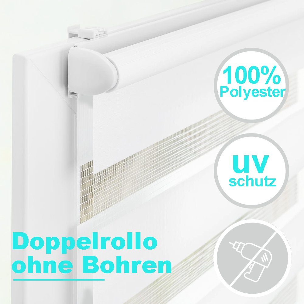 Doppelrollo Ohne Bohren, Weiß/Beige/Anthrazit, OUBO, freihängend, verspannt, Klemmfix, Klemmträger, Lichtschutz schnelle und einfache Montage mit beiliegendem