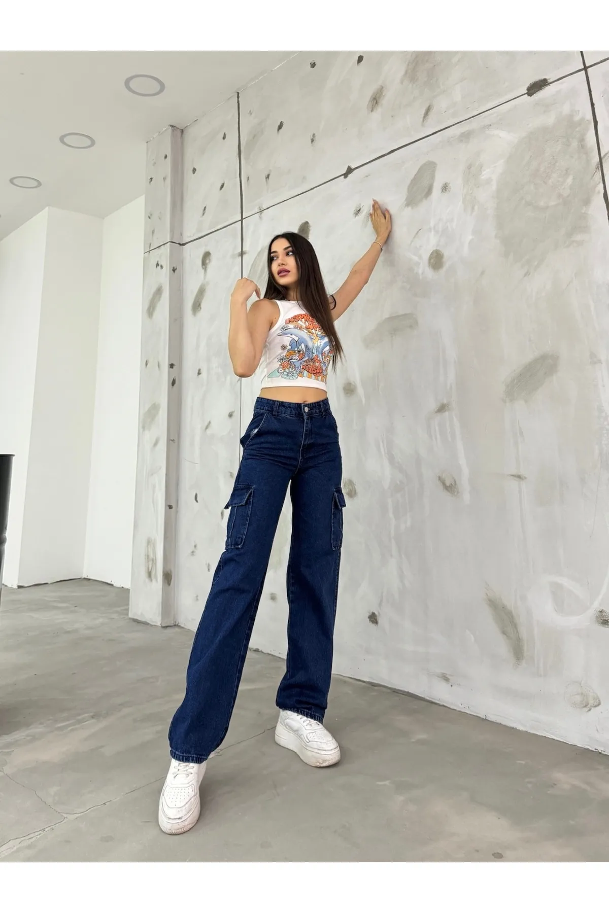 BİKELİFE  Marineblaue Cargohose mit hoher Taille und weitem Bein für Damen