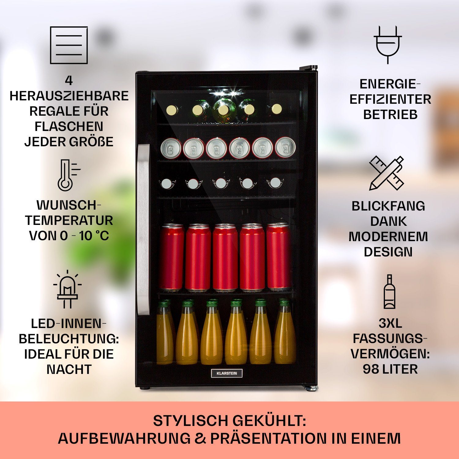 Klarstein Getränkekühlschrank HEA13-Beersafe3XL-OX 10039655, 83 cm hoch, 47 cm breit, Bierkühlschrank Getränkekühlschrank Flaschenkühlschrank mit Glastür