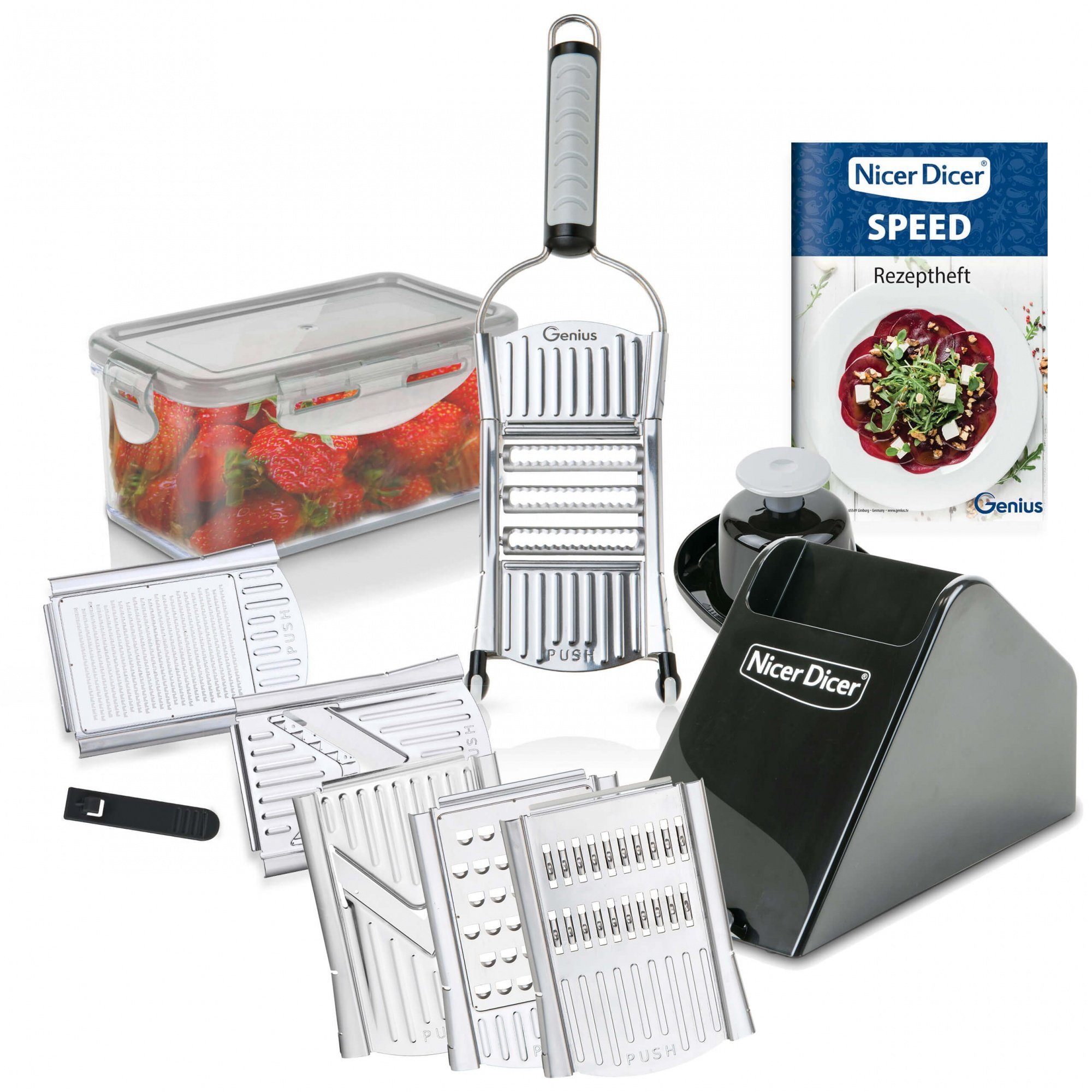 Genius Gemüseschneider Nicer Dicer Speed, 13tlg. Multihobel-Set mit V-Klinge aus Edelstahl, Kräuterroller, Aufbewahrungsbox