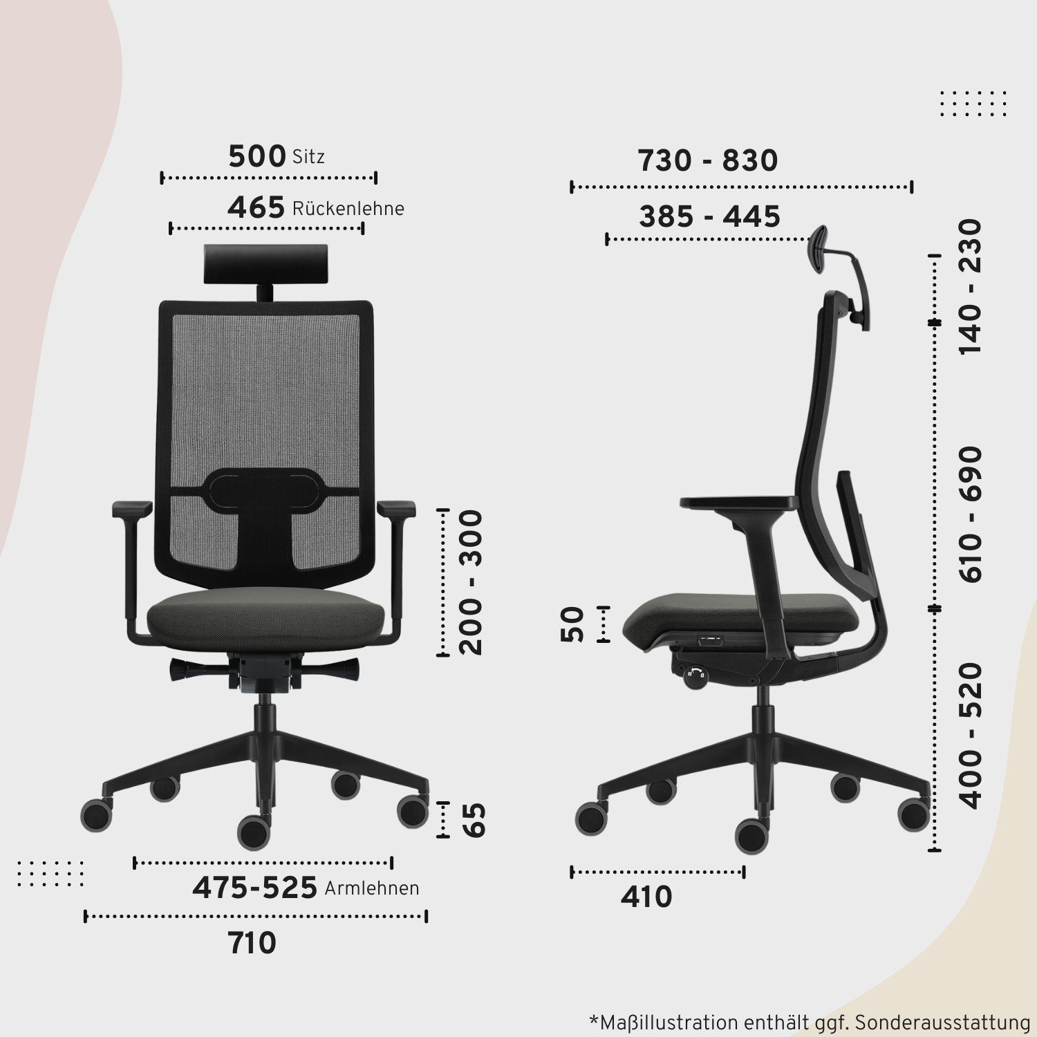 sedus Drehstuhl se:do Pro Light, Drehstuhl, Bürostuhl, Netzmembran Schwarz (Schiebesitz, Rückenlehne verstellbar, Höhenverstellbar 40-52cm, bis 130kg Belastbar, 23° Öffnungswinkel), Optional mit Armlehnen, Nackenstütze und, Lordosenstütze