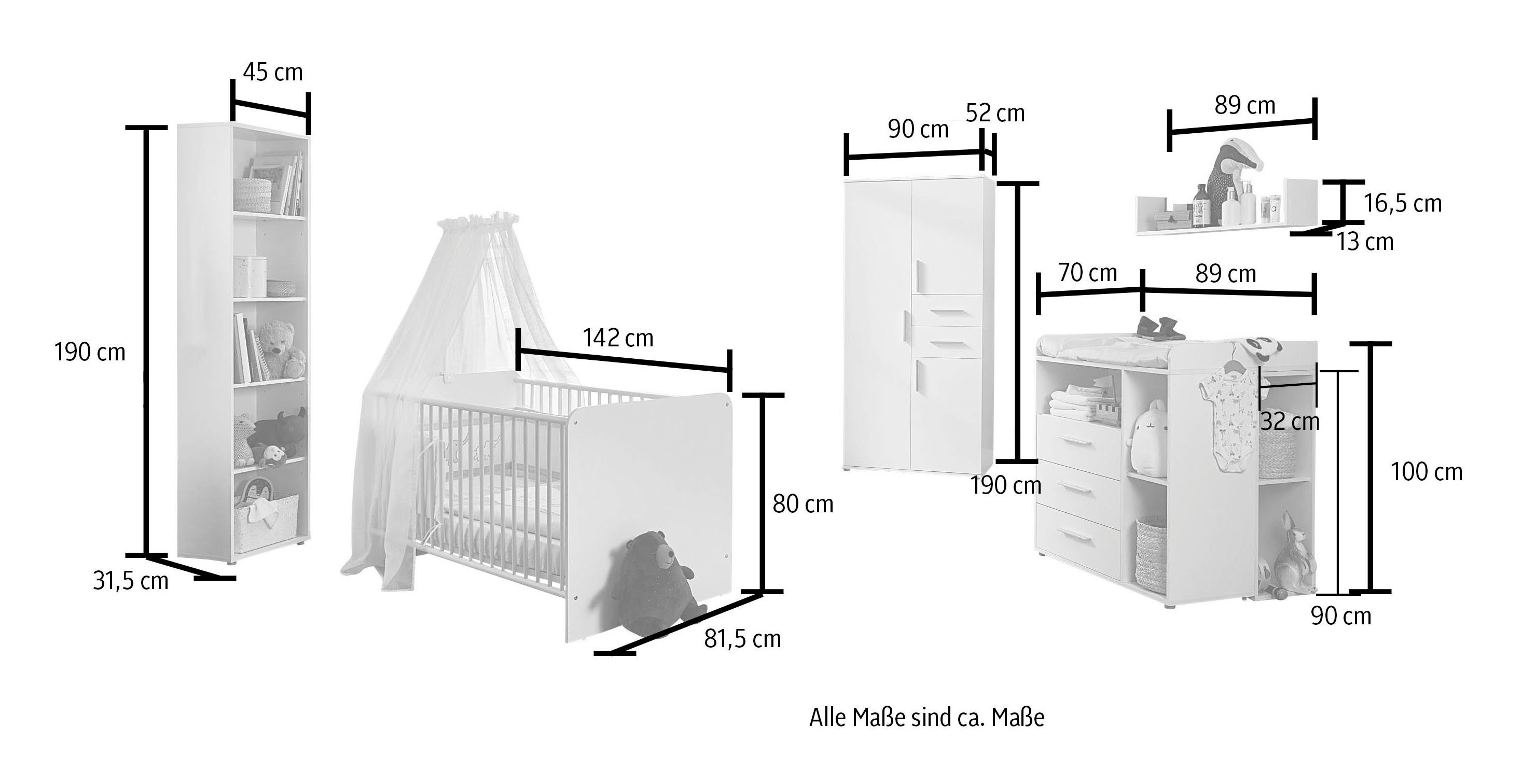 BMG Möbel Babyzimmer-Komplettset Lea, (Set, 7-St., Bett, Wickelkommode, Schrank, Standregal, Unterstellregale, Wandboard), Bett + Wickelkommode + 3-trg. Schrank + Standregal + Wandboard