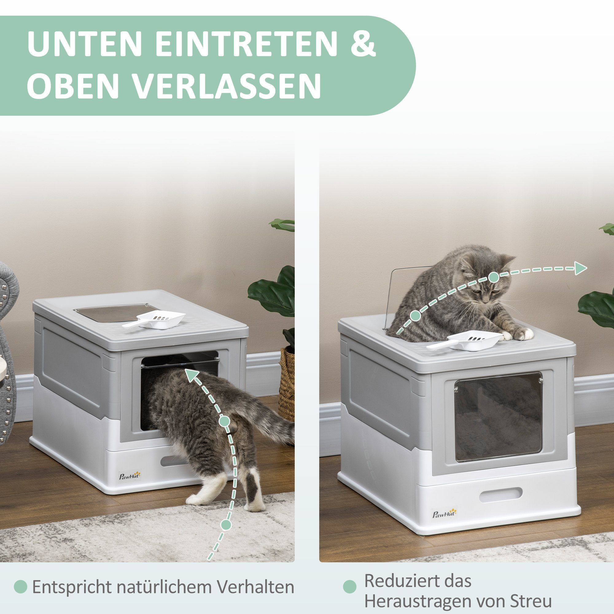 PawHut Katzentoilette Katzenklo mit Deckel Katzenhaus mit Bodenschale Kunststoff Weiß+Grau, BxTxH: 47.5x35.5x36.7 cm