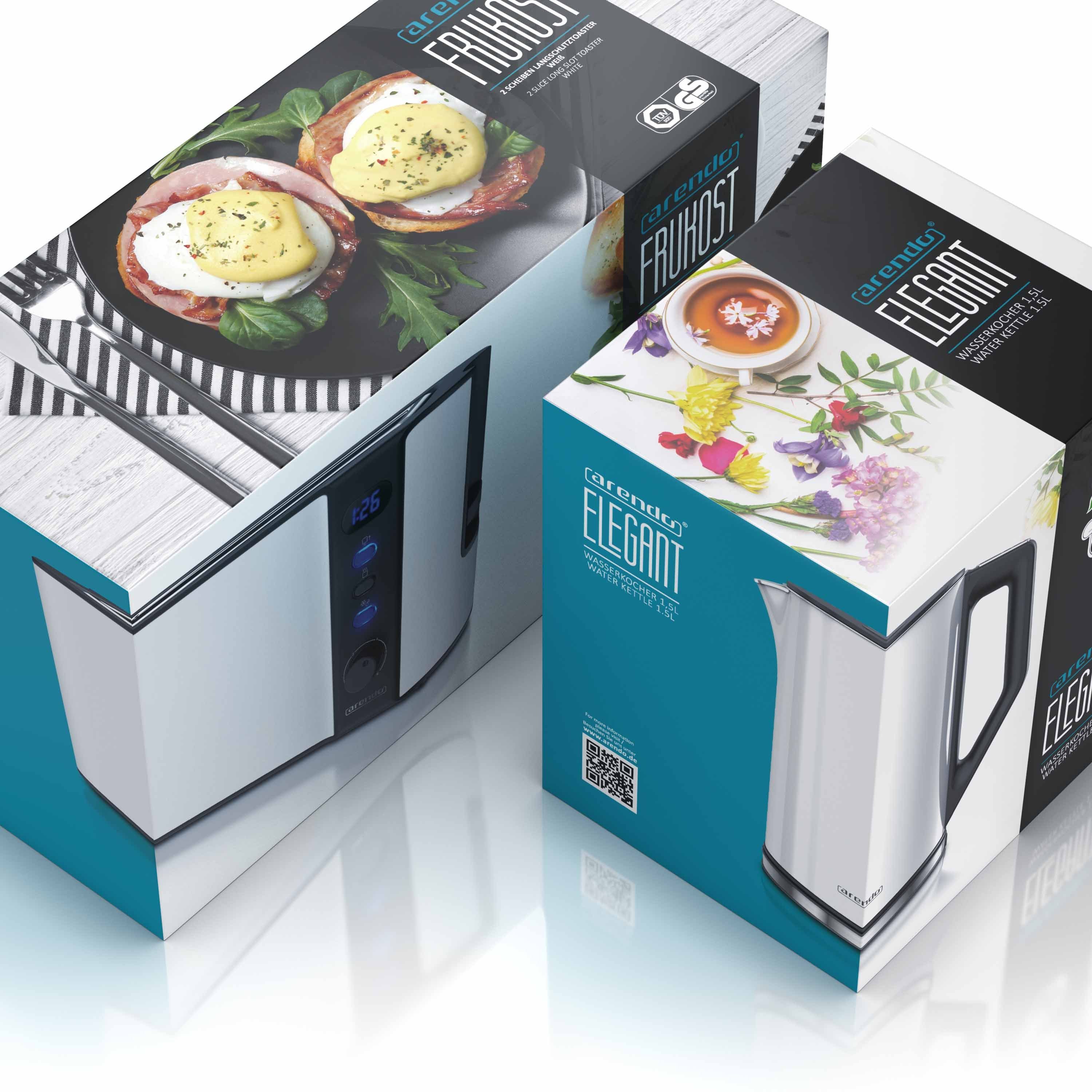 Arendo Frühstücks-Set (2-tlg), Wasserkocher 1,5l & 2-Scheiben Langschlitz Toaster, Edelstahl, Weiß