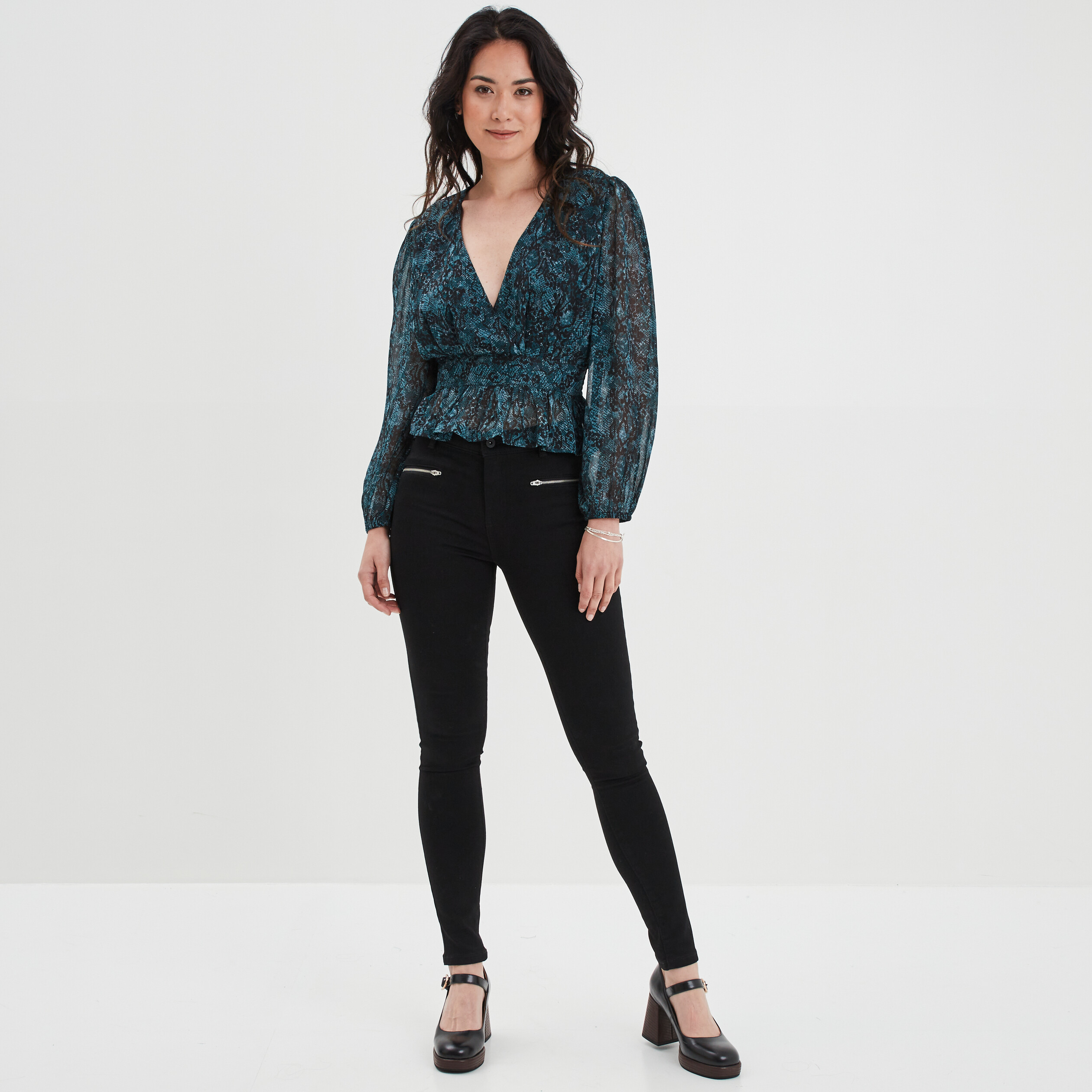Blouse cintrée col effet croisé Liberto bleu canard femme | La Halle