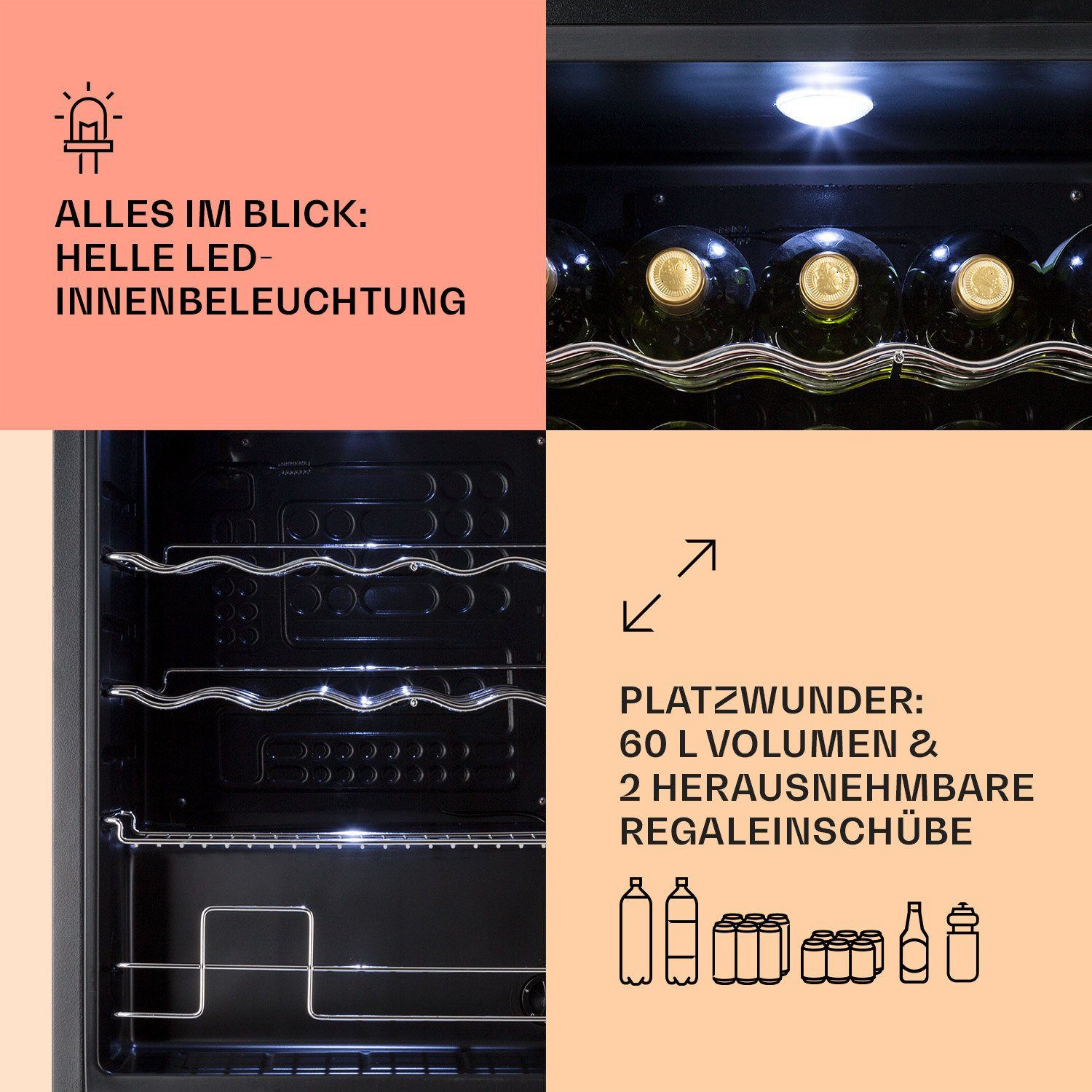 Klarstein Getränkekühlschrank HEA-BeersafeXL-onyx 10032871A, 63 cm hoch, 47 cm breit, Bier Hausbar Getränkekühlschrank Flaschenkühlschrank Glastür