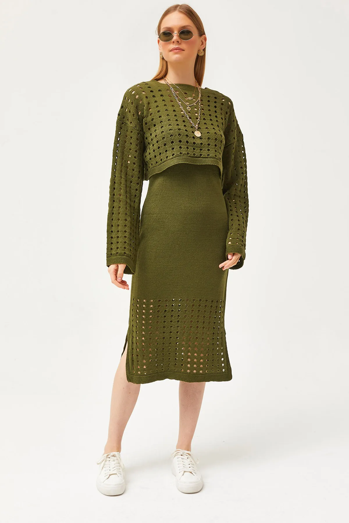 Olalook  Damen-Khaki-Oberteil mit durchbrochenem Pullover und unterem durchbrochenem Kleid aus Strickwaren-Set TKM-19000246
