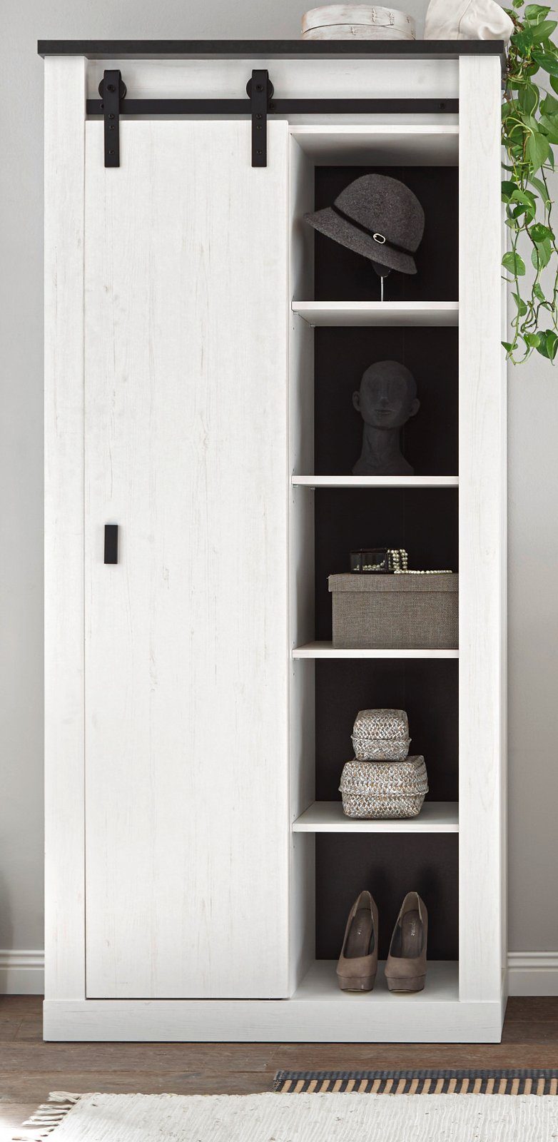 Furn.Design Mehrzweckschrank Stove (Flur- und Schuhschrank in Pinie weiß Landhaus, 93 x 201 cm) mit Schiebetür