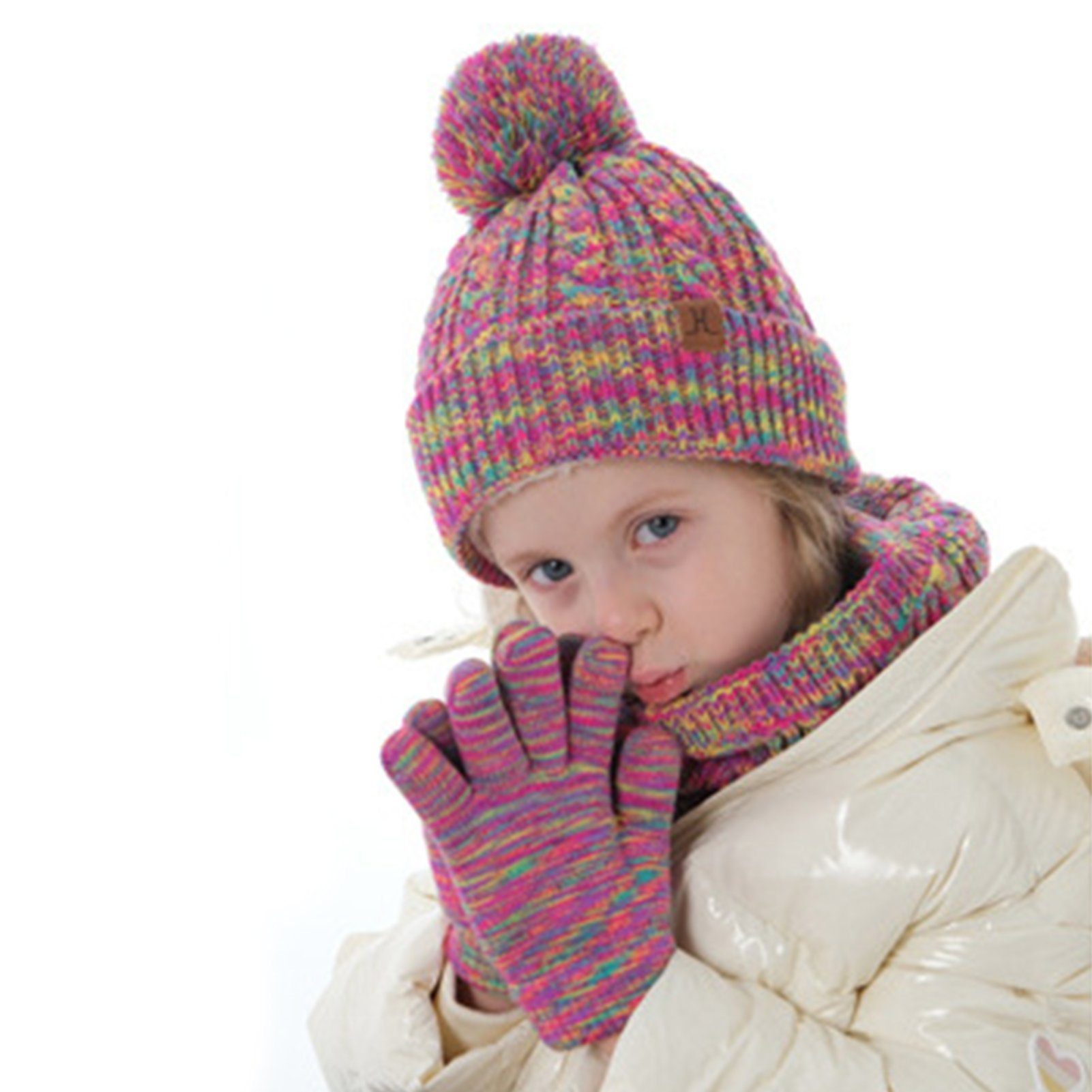 Rutaqian Mütze & Schal 3in1 Kinder Wintermütze Schal Handschuhe Set Wintermütze Beanie Hut Handschuhe Schal Set für Kinder 3-10 Jahre