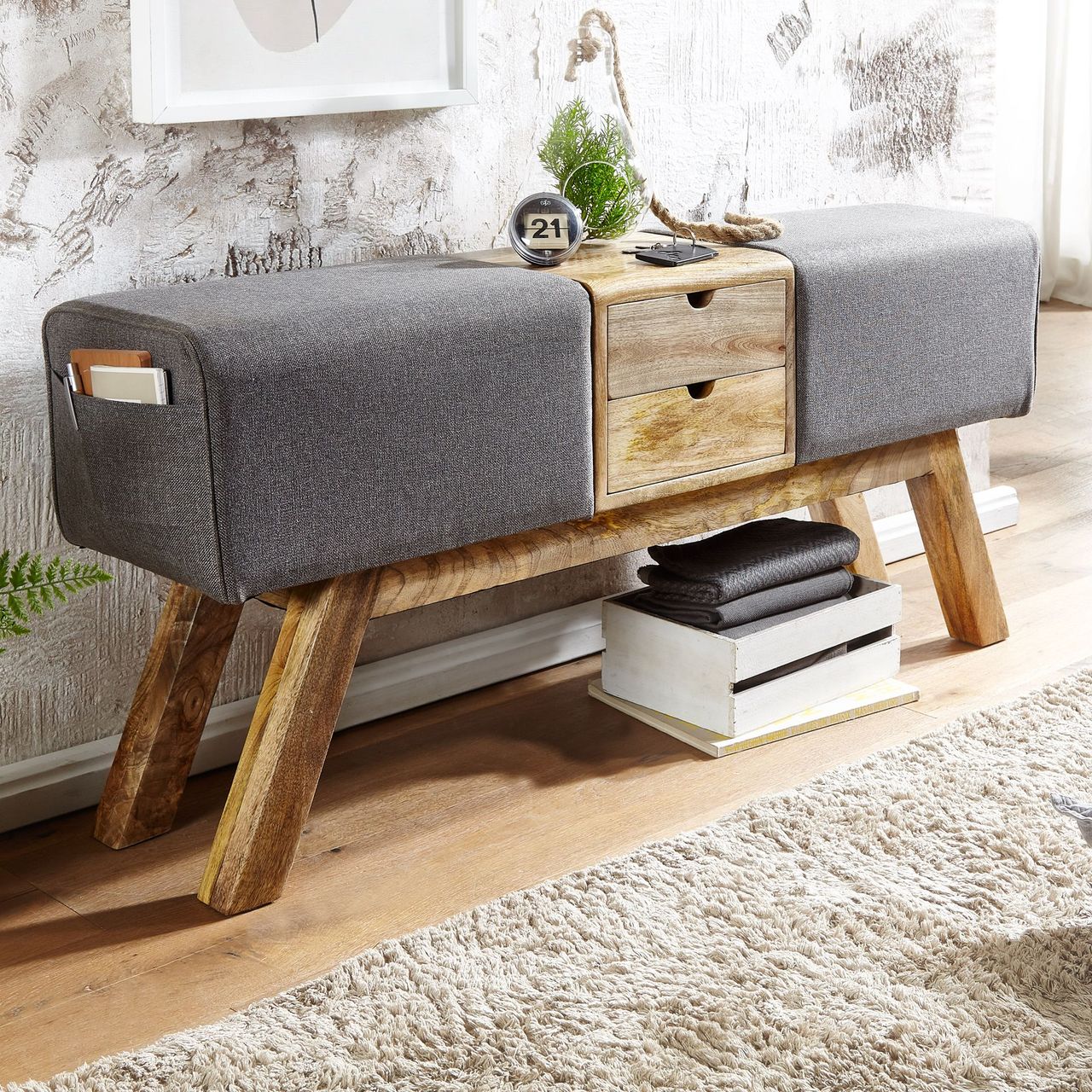 Wohnling Sitzbank 120x56x30 cm Holz / Stoff Grau