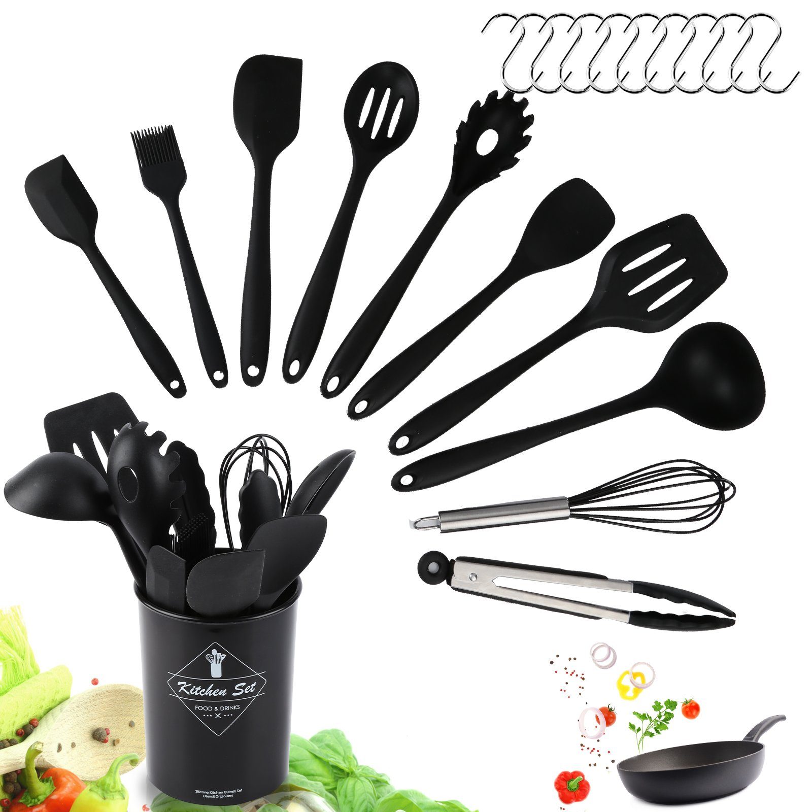 TolleTour Kochbesteck-Set 12tlg Zuhause hochwertigem Silikon Koch Küche Kochutensilien+Fass (Spar-Set, 12-tlg., Küchenhelfer set, Besteck, Küchenset), Hitze- und brühfest, antihaftbeschichtet und leicht zu reinigen