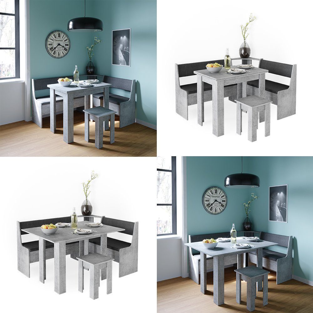 Vicco Eckbankgruppe Eckbankgruppe Esszimmergruppe ROMAN Beton, (Set, 5-tlg., 5-er Set), Ausziehbarer Tisch, mit Polsterung, Stauraum in den Sitzbänken