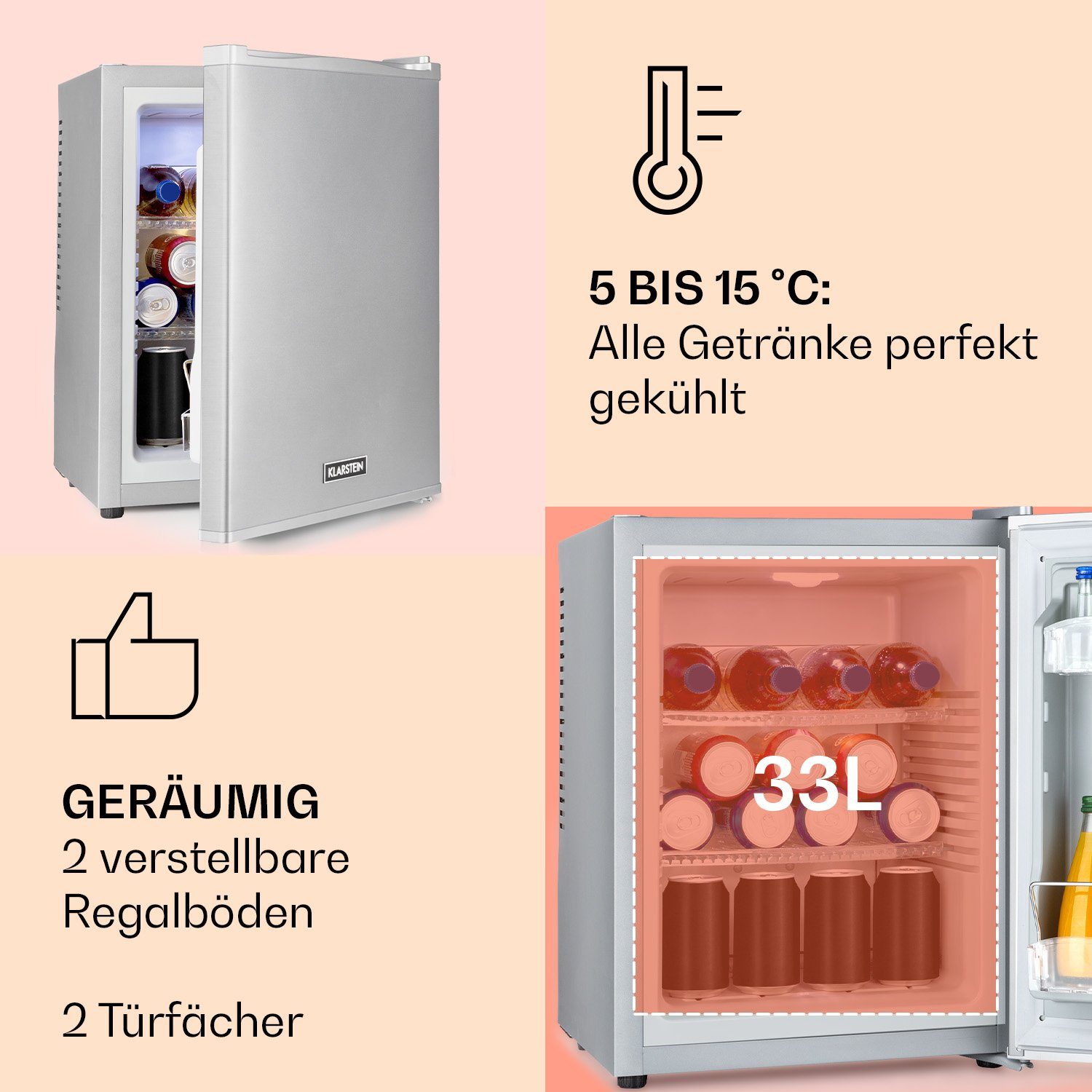 Klarstein Table Top Kühlschrank HEA-HappyHour-32Slb 10035244A, 54 cm hoch, 40 cm breit, Hausbar Minikühlschrank ohne Gefrierfach Getränkekühlschrank klein